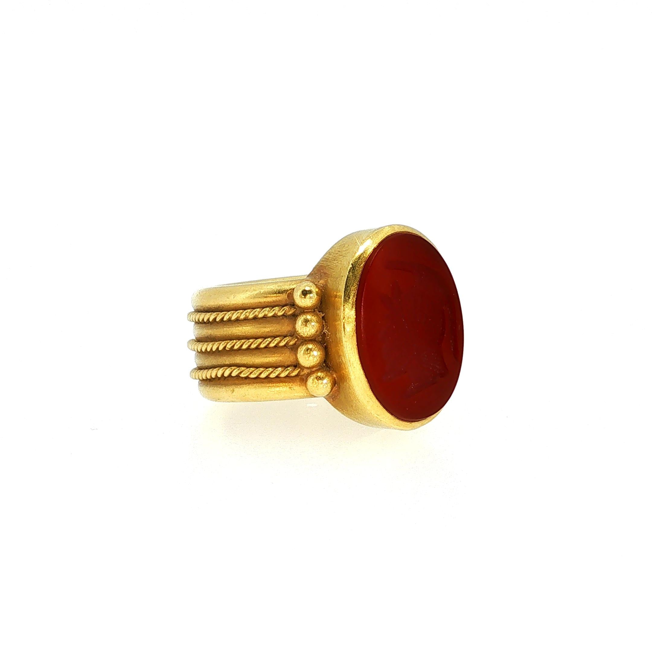 Vintage 18K Yellow Gold Cocktail Ring with 15.1x11.3 MM Carnelian Size 5.75