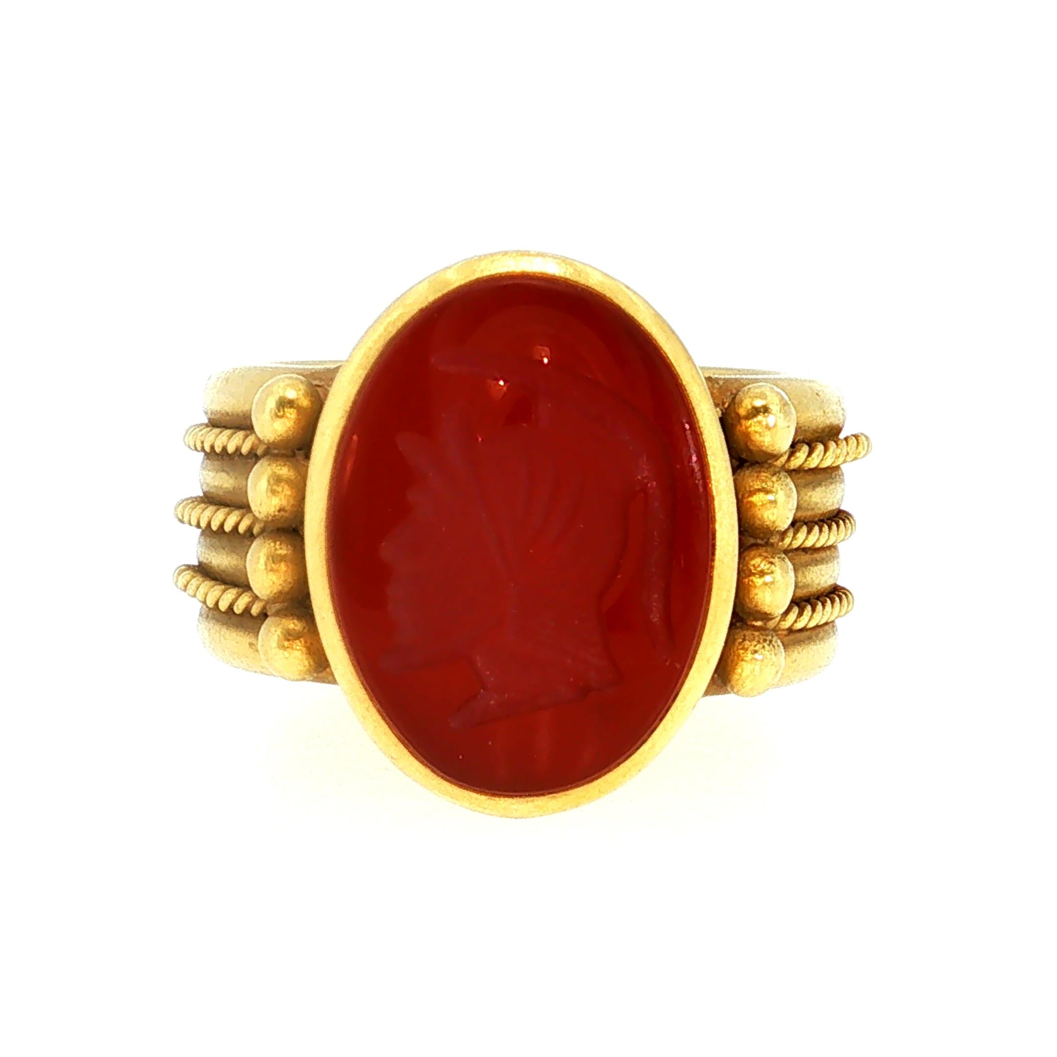 Vintage 18K Yellow Gold Cocktail Ring with 15.1x11.3 MM Carnelian Size 5.75