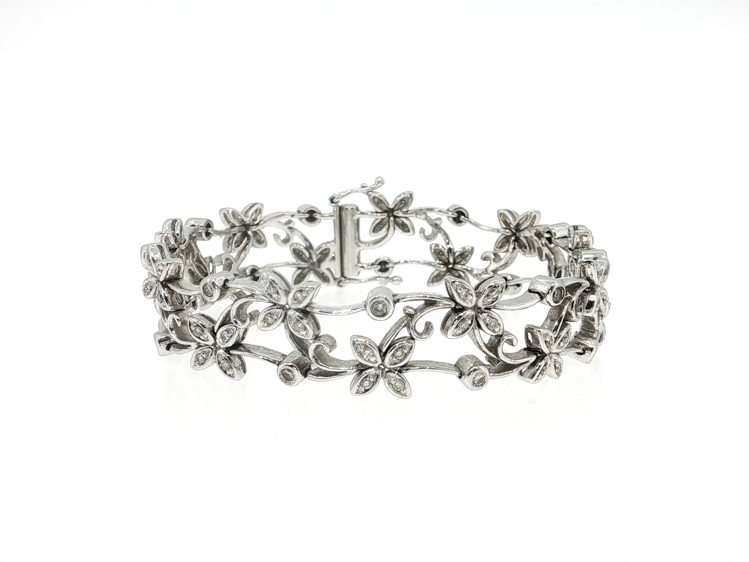Vintage 14K White Gold Link Bracelet with 1.7 Carat Round Diamonds