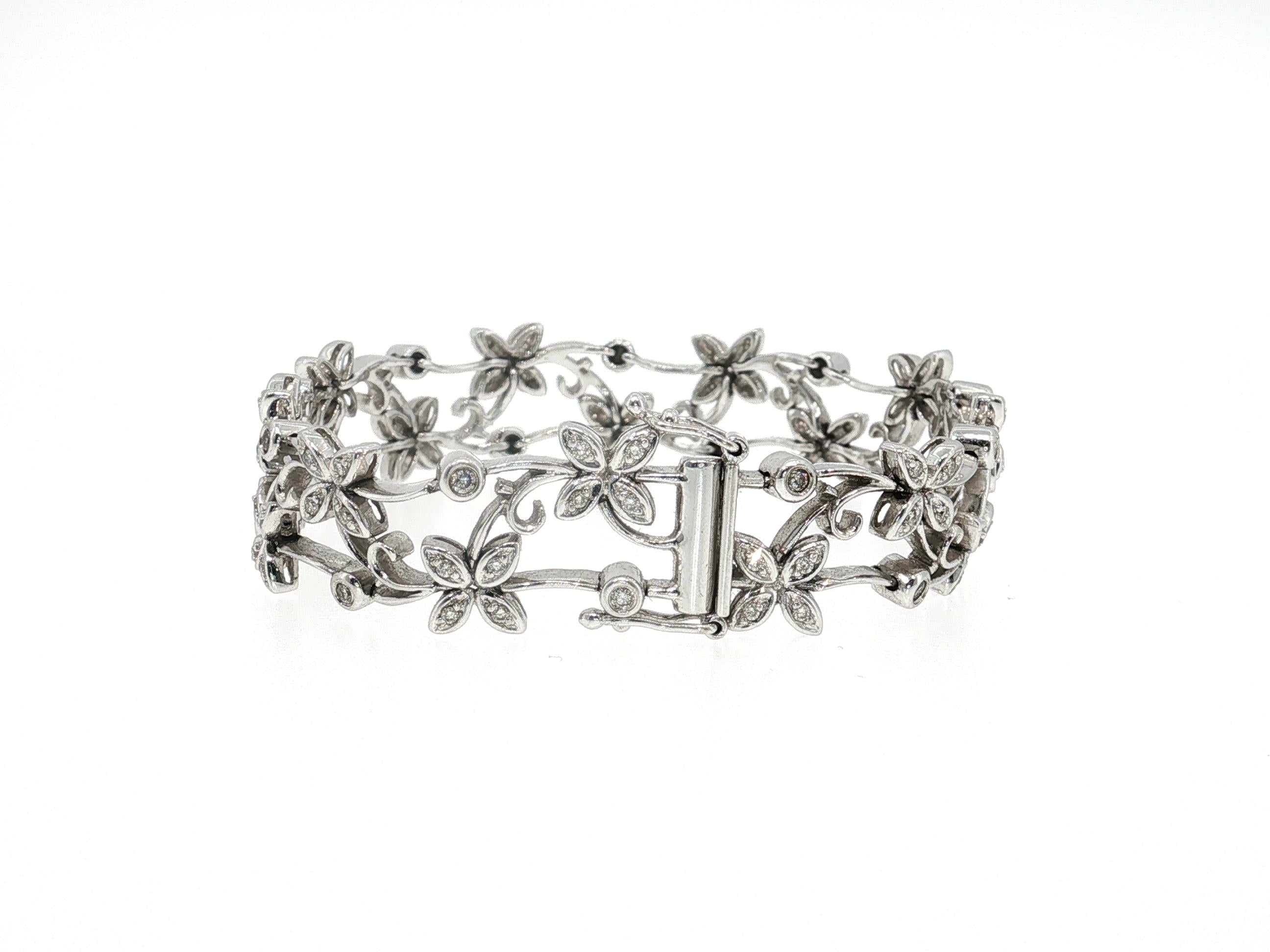 Vintage 14K White Gold Link Bracelet with 1.7 Carat Round Diamonds