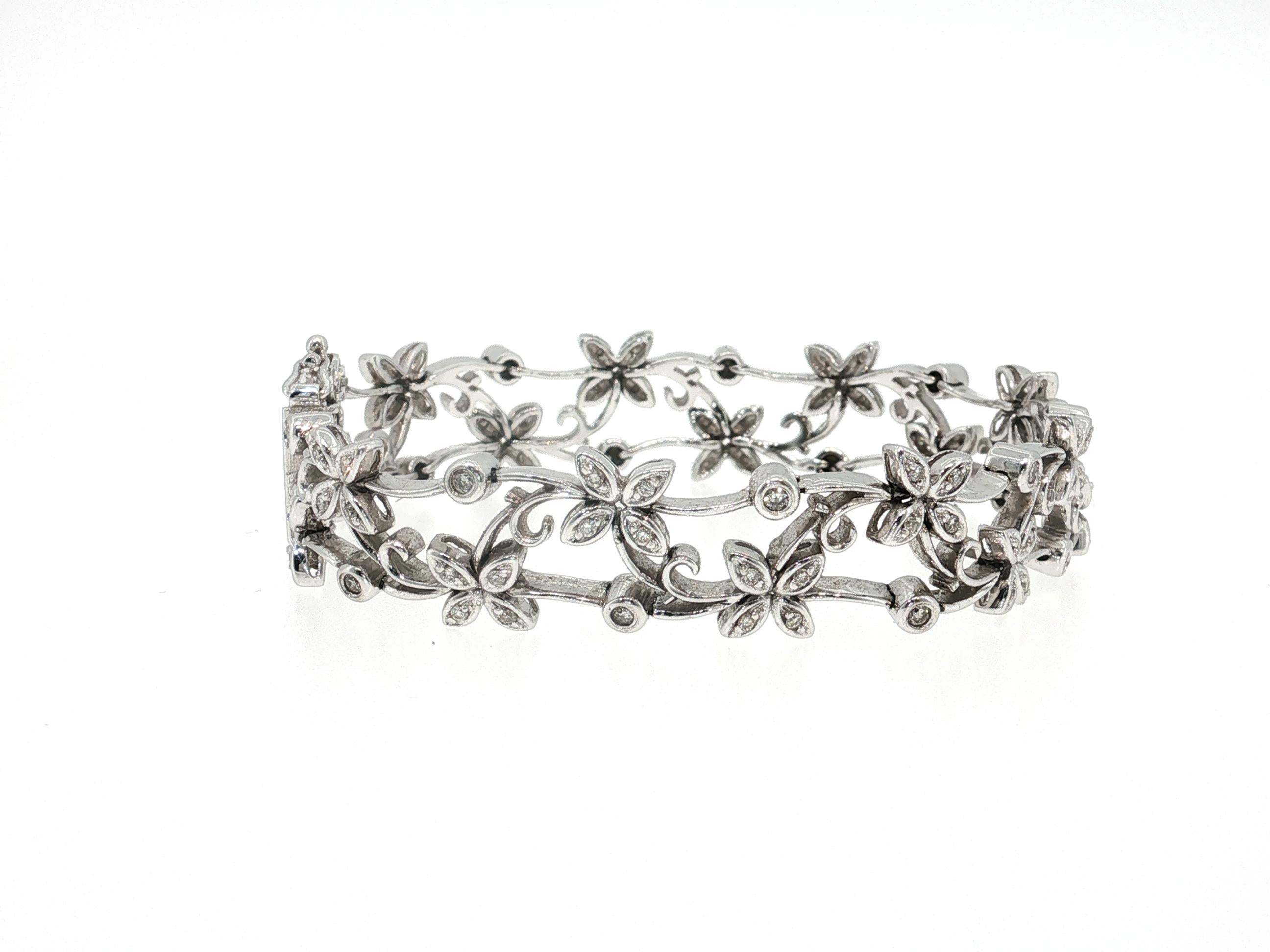 Vintage 14K White Gold Link Bracelet with 1.7 Carat Round Diamonds