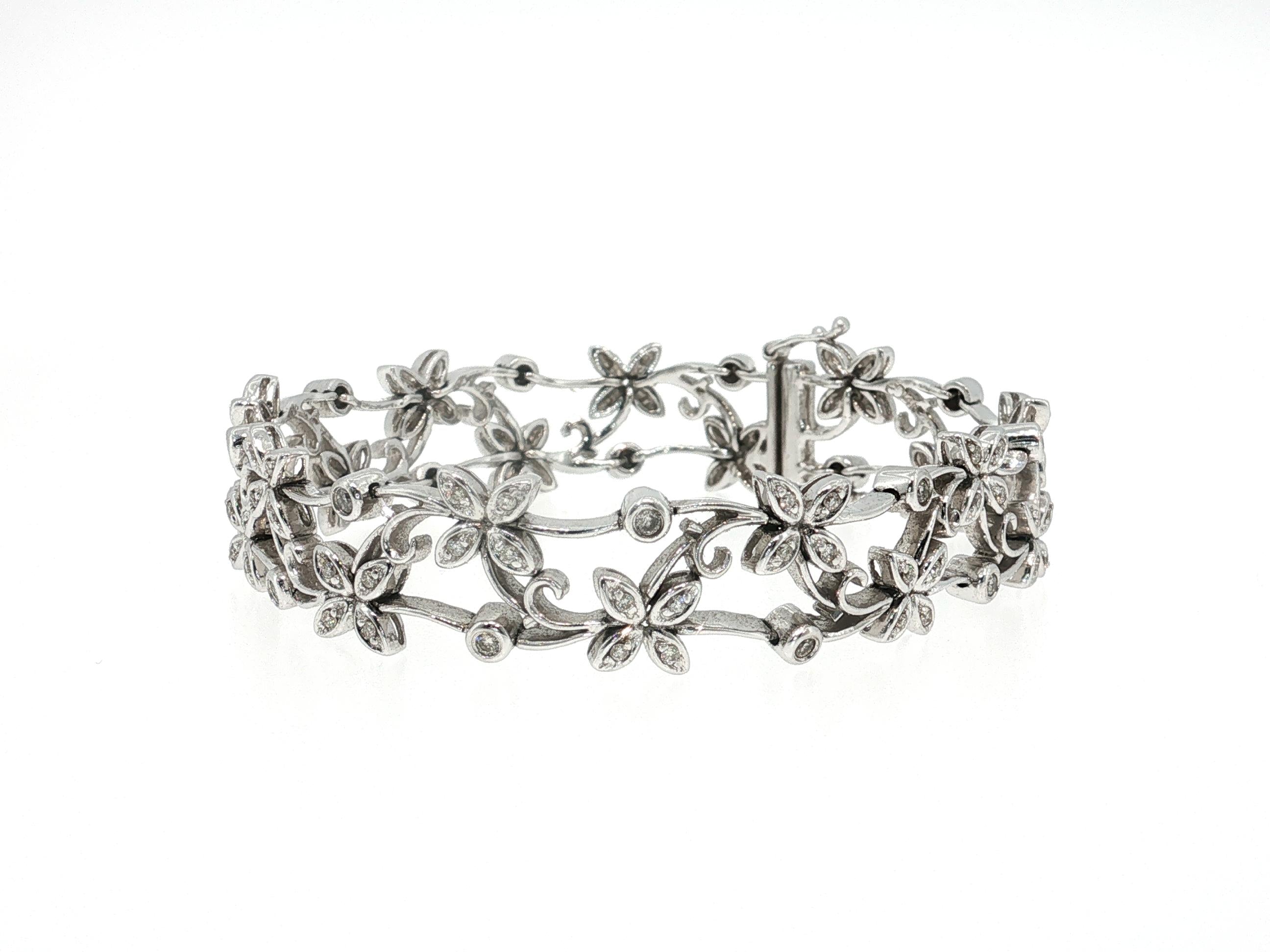 Vintage 14K White Gold Link Bracelet with 1.7 Carat Round Diamonds