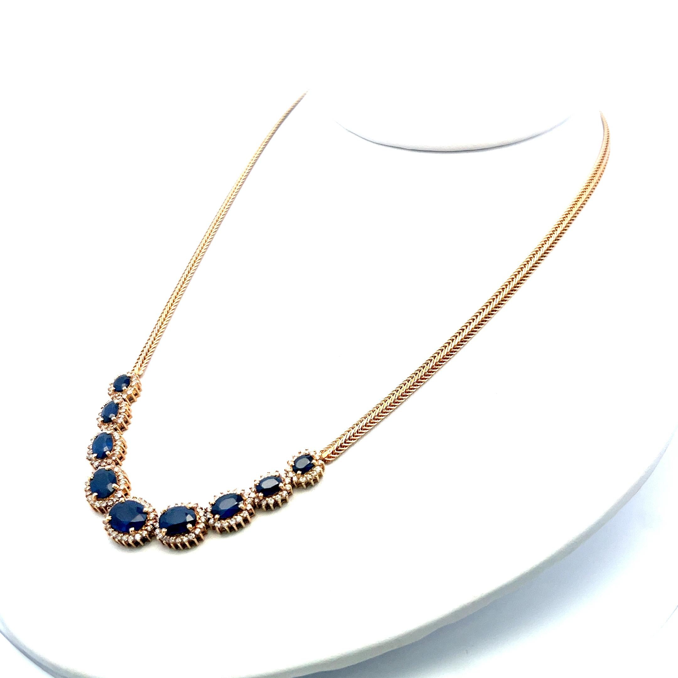 18K YG Station Necklace with 1.5 Carat Round Diamonds & 9.5 Carat Sapphires
