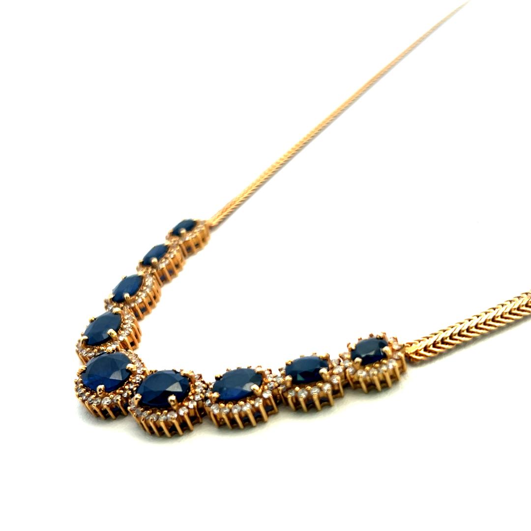 18K YG Station Necklace with 1.5 Carat Round Diamonds & 9.5 Carat Sapphires