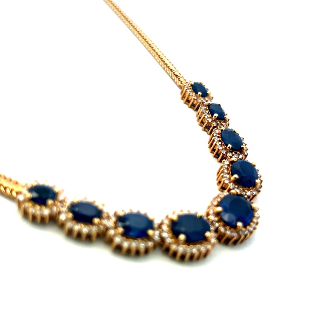 18K YG Station Necklace with 1.5 Carat Round Diamonds & 9.5 Carat Sapphires