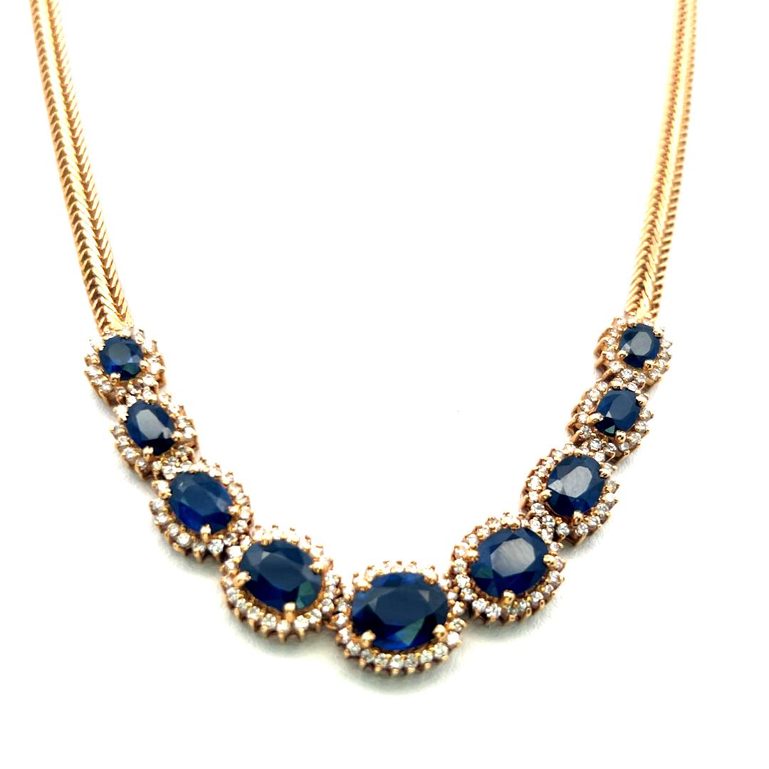 18K YG Station Necklace with 1.5 Carat Round Diamonds & 9.5 Carat Sapphires