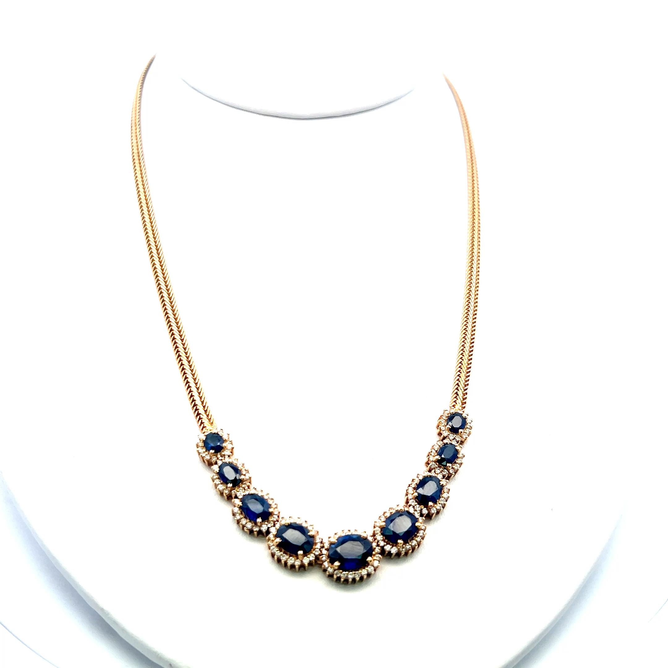 18K YG Station Necklace with 1.5 Carat Round Diamonds & 9.5 Carat Sapphires