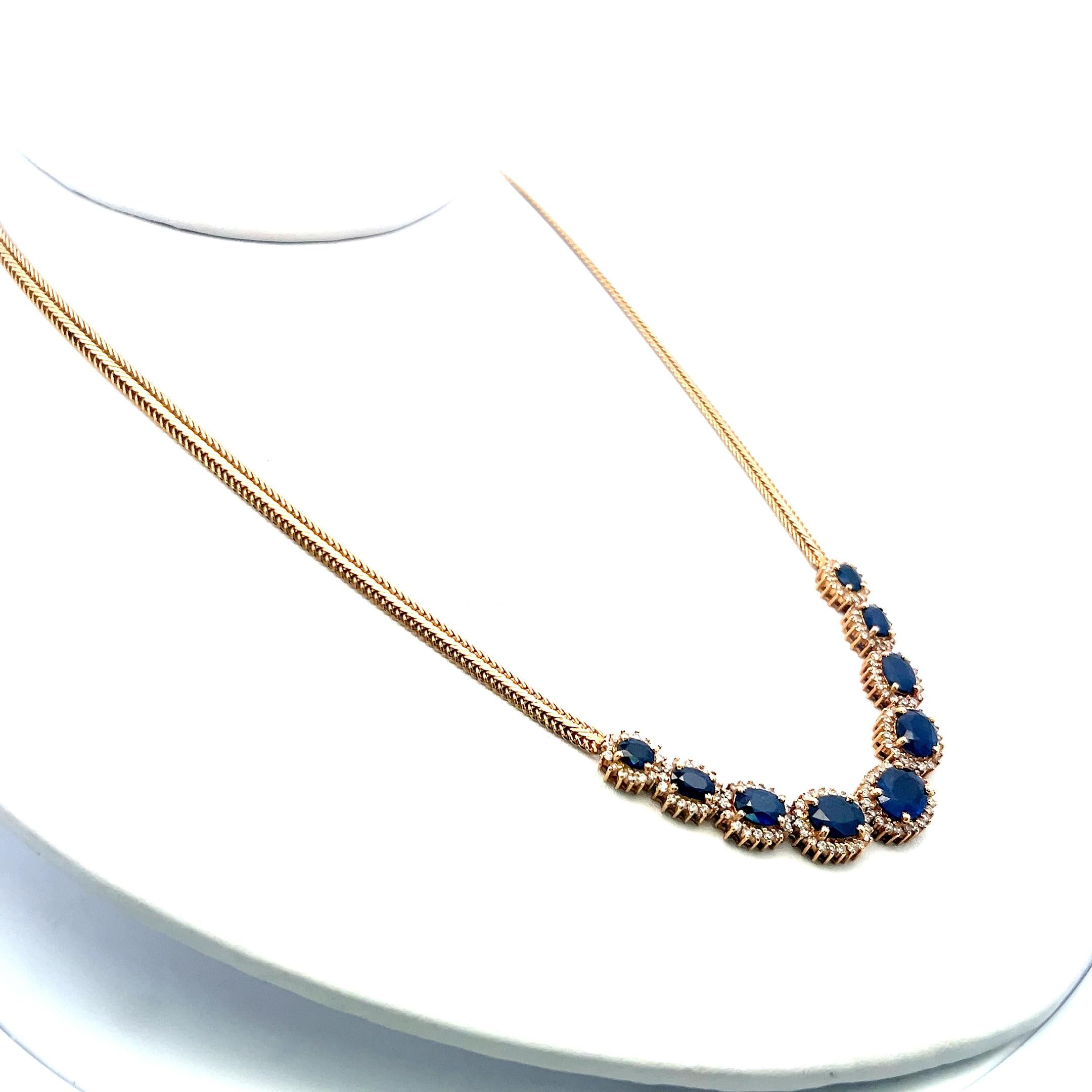 18K YG Station Necklace with 1.5 Carat Round Diamonds & 9.5 Carat Sapphires