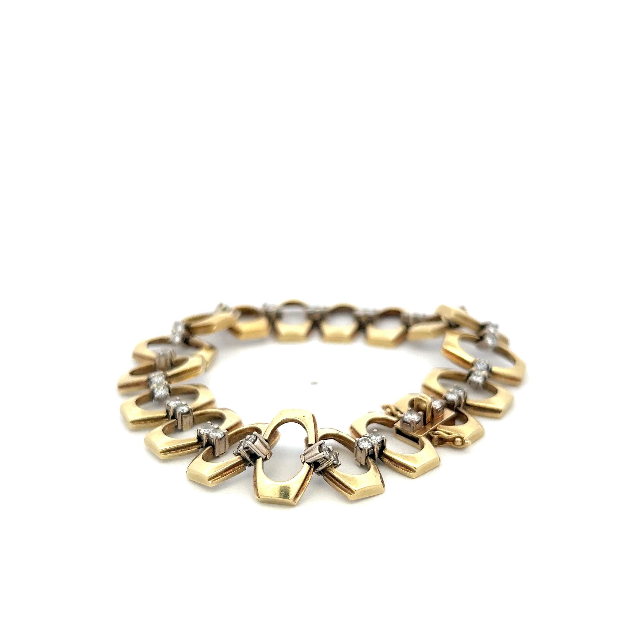 Vintage 14K Yellow Gold Link Bracelet with 1.85 Carat Round G SI Diamonds