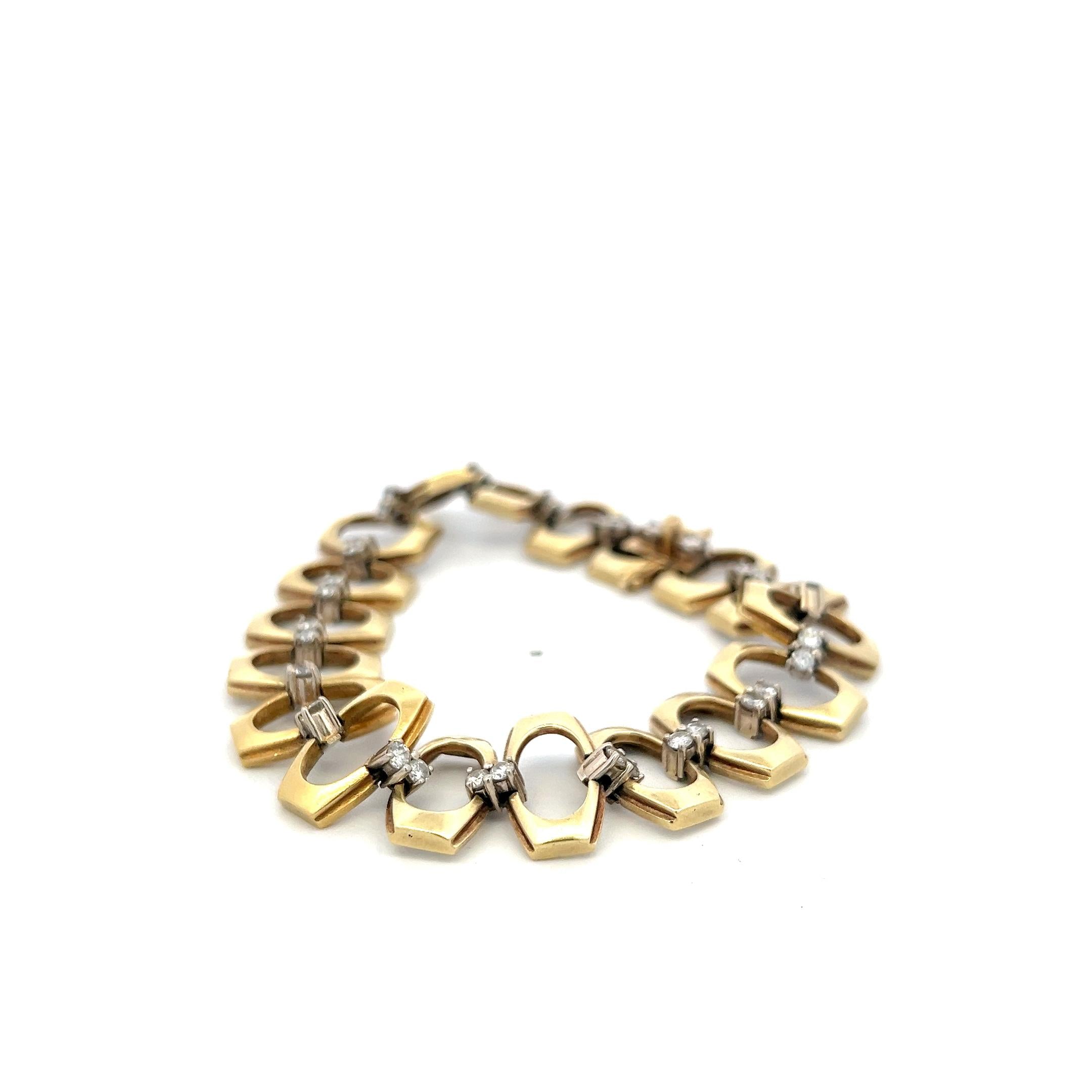 Vintage 14K Yellow Gold Link Bracelet with 1.85 Carat Round G SI Diamonds