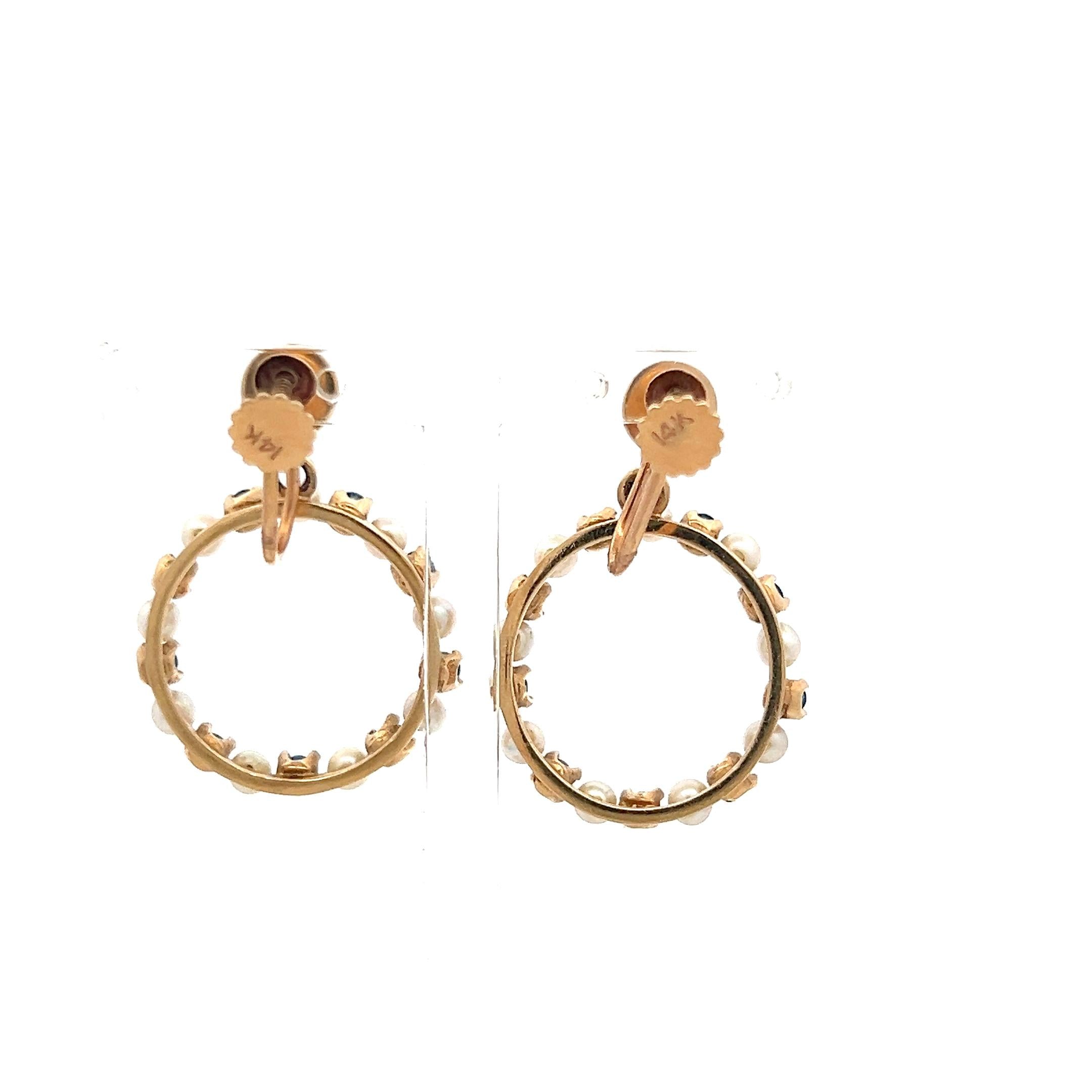 14K YG Pin Brooch & Dangling Earrings Set with 1.04 Carat Sapphire and Pearls