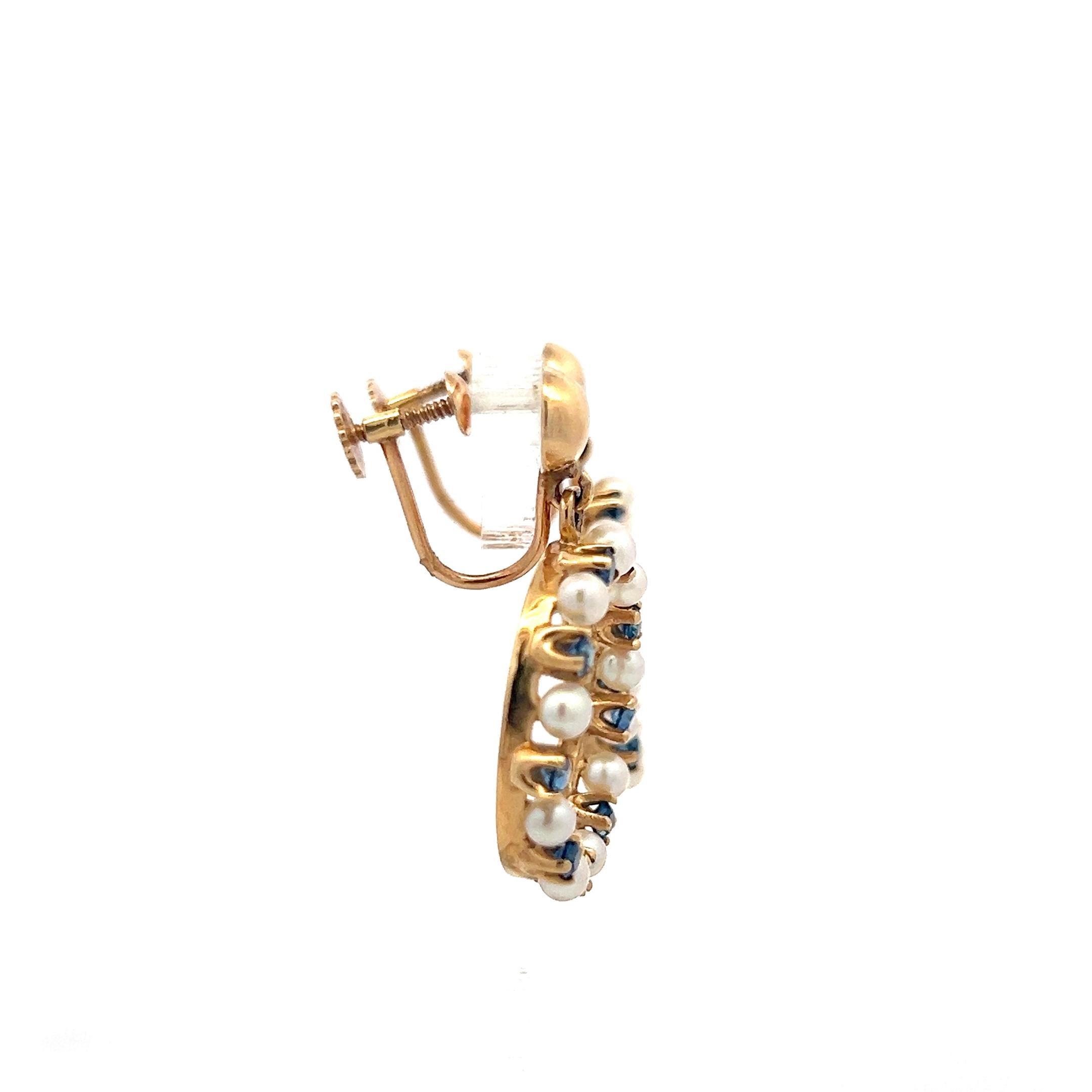 14K YG Pin Brooch & Dangling Earrings Set with 1.04 Carat Sapphire and Pearls