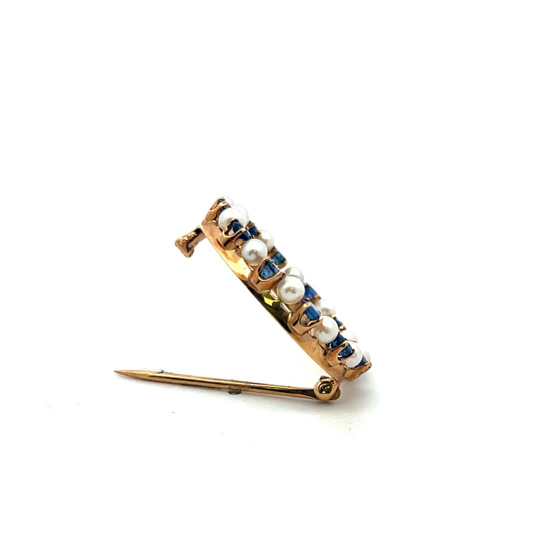 14K YG Pin Brooch & Dangling Earrings Set with 1.04 Carat Sapphire and Pearls