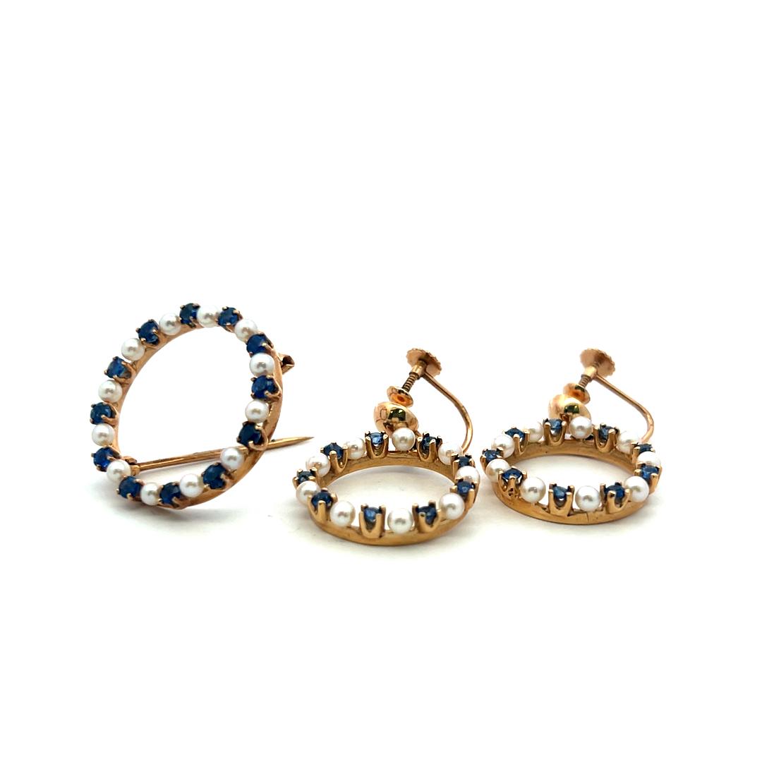 14K YG Pin Brooch & Dangling Earrings Set with 1.04 Carat Sapphire and Pearls