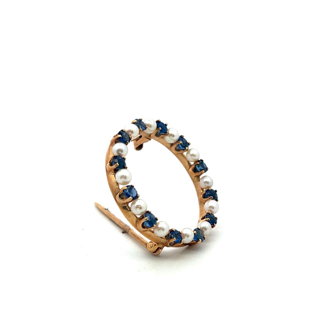 14K YG Pin Brooch & Dangling Earrings Set with 1.04 Carat Sapphire and Pearls