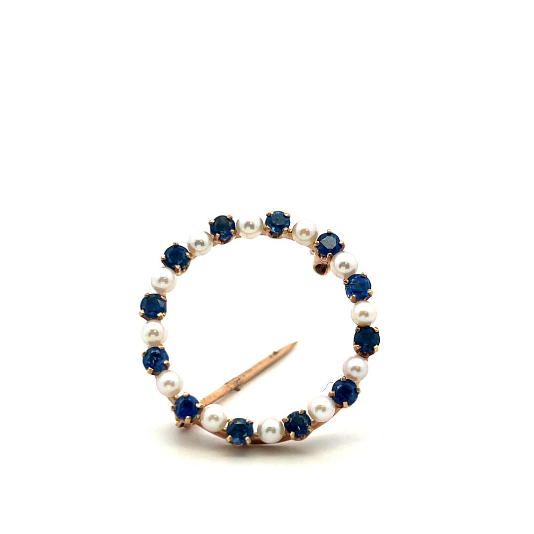 14K YG Pin Brooch & Dangling Earrings Set with 1.04 Carat Sapphire and Pearls