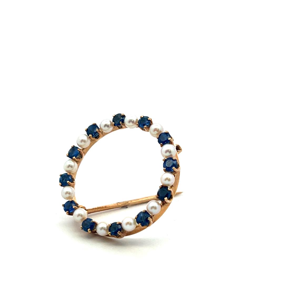 14K YG Pin Brooch & Dangling Earrings Set with 1.04 Carat Sapphire and Pearls