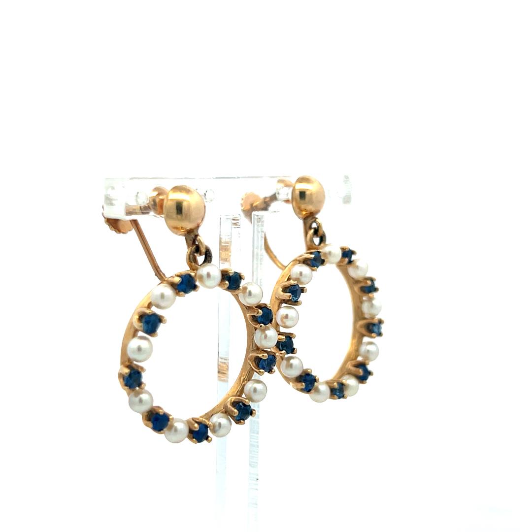 14K YG Pin Brooch & Dangling Earrings Set with 1.04 Carat Sapphire and Pearls