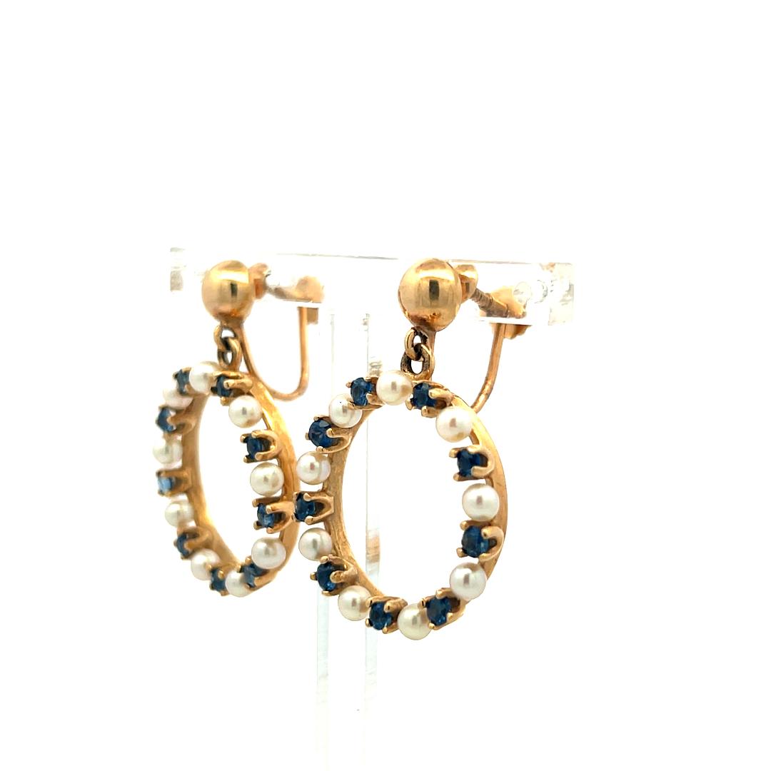 14K YG Pin Brooch & Dangling Earrings Set with 1.04 Carat Sapphire and Pearls