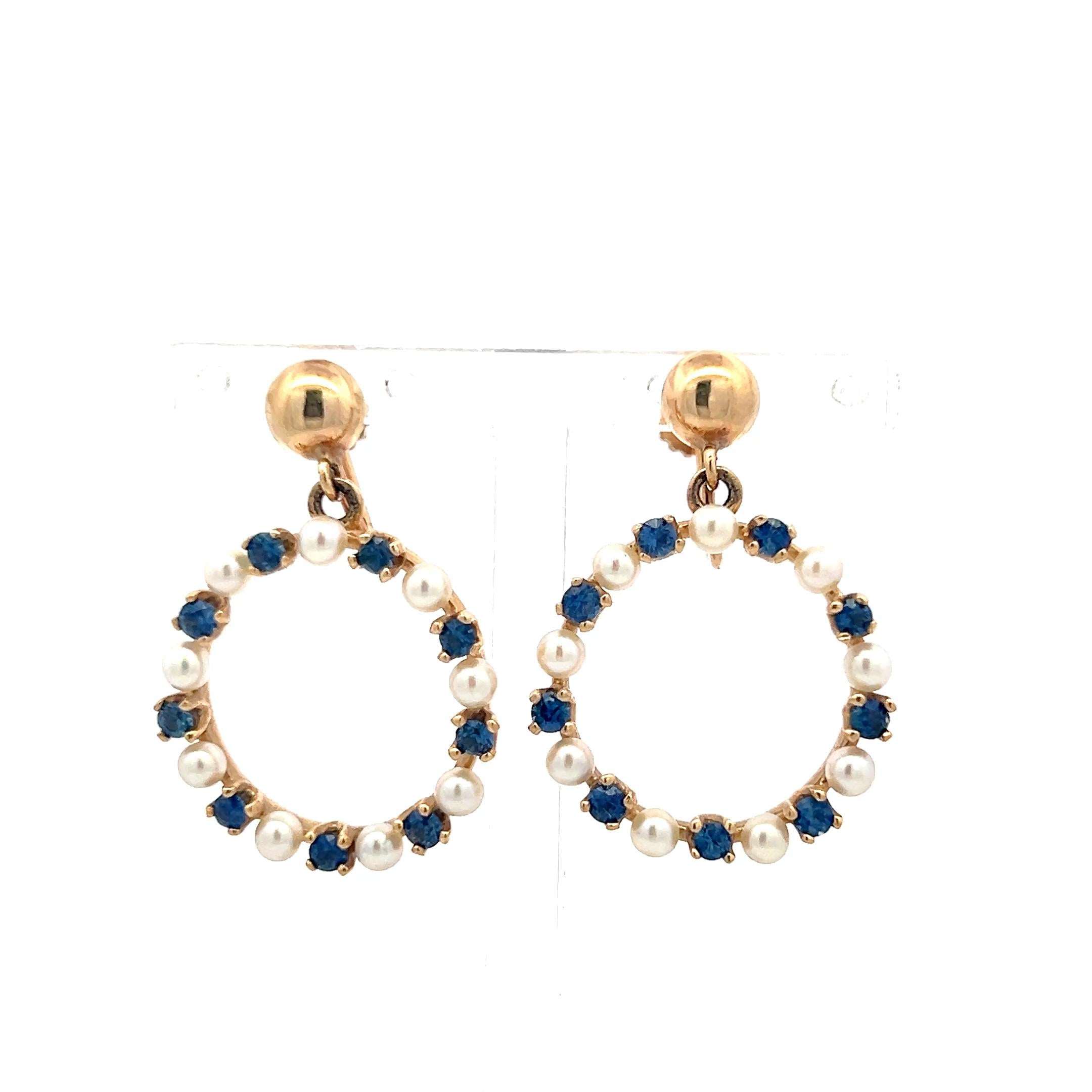 14K YG Pin Brooch & Dangling Earrings Set with 1.04 Carat Sapphire and Pearls