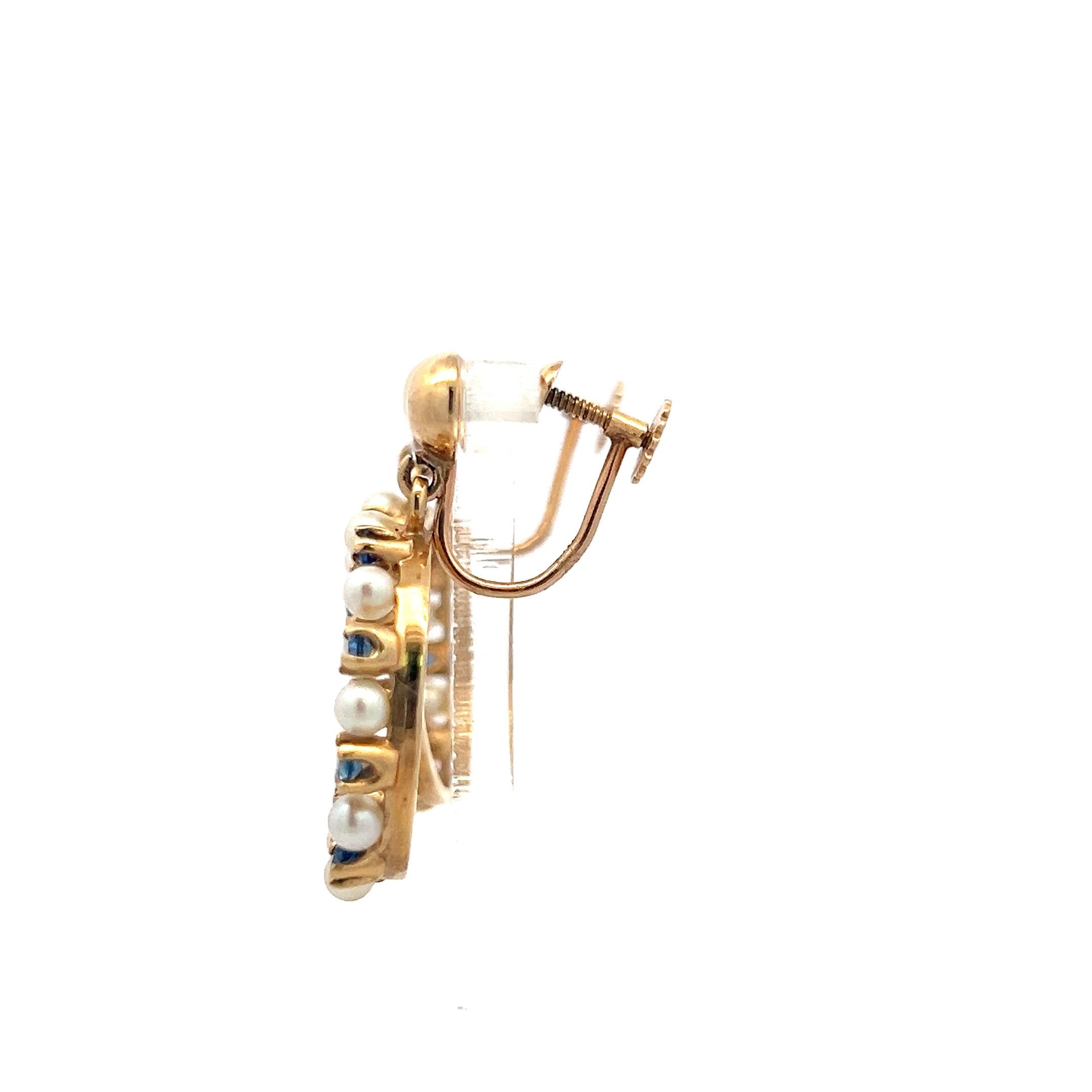 14K YG Pin Brooch & Dangling Earrings Set with 1.04 Carat Sapphire and Pearls