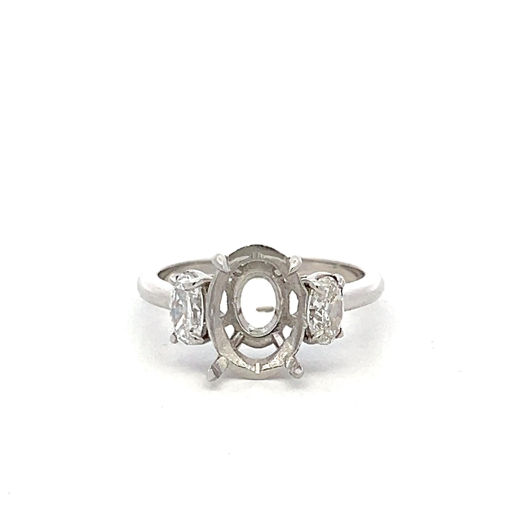 Platinum Semi Mount Ring with 0.6 Carat Oval Diamonds Fits 6.3x8.5 MM 1.5 ct+