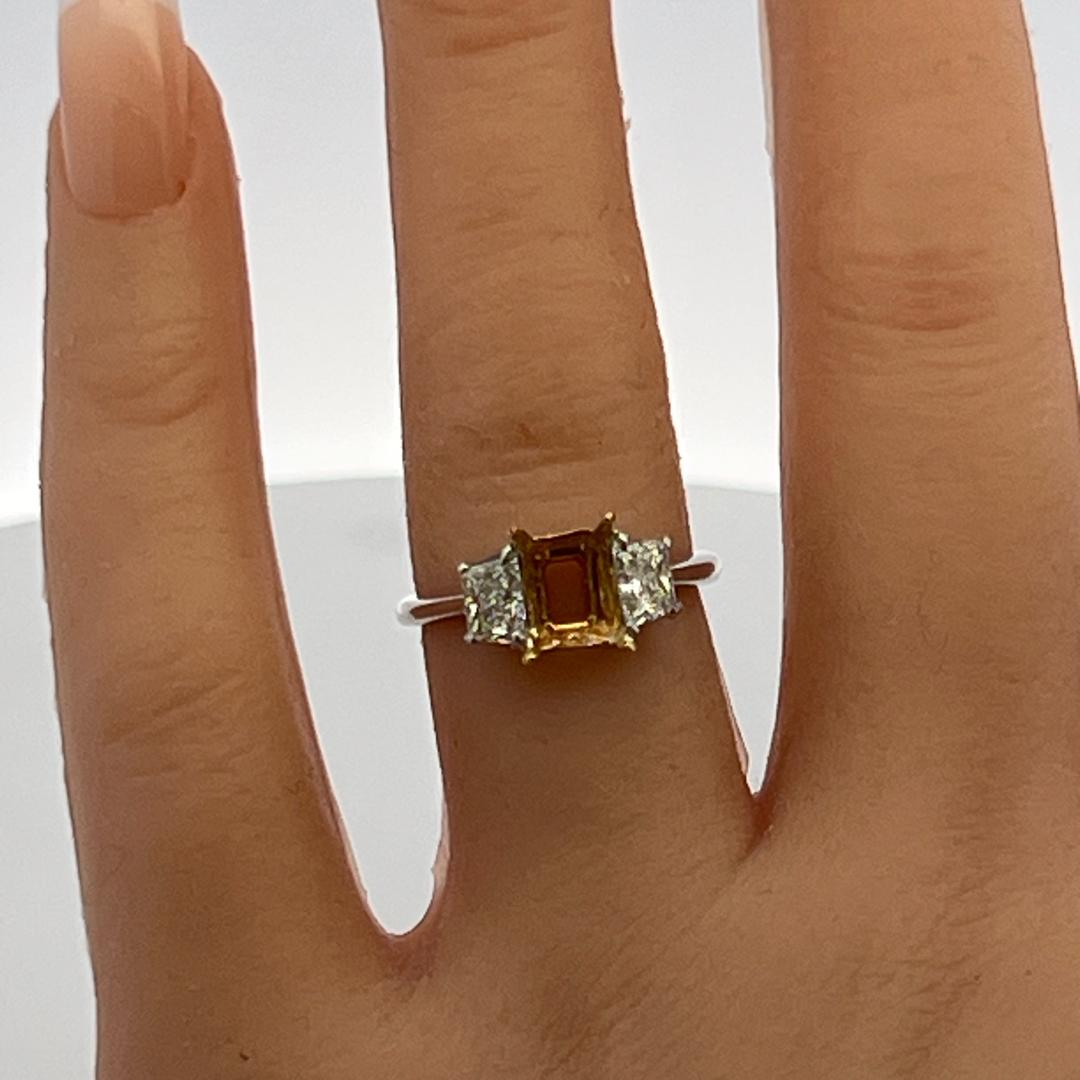 18K Two Tone Gold Semi Mount Ring with 0.77ct Trapezoid Diamonds Fits 5.6x7.6 MM
