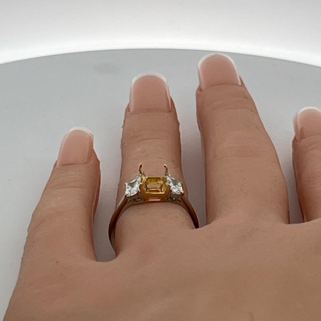 18K Two Tone Gold Semi Mount Ring with 0.77ct Trapezoid Diamonds Fits 5.6x7.6 MM