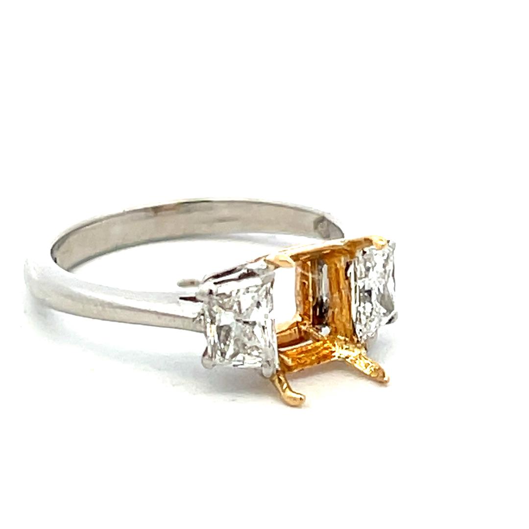 18K Two Tone Gold Semi Mount Ring with 0.77ct Trapezoid Diamonds Fits 5.6x7.6 MM