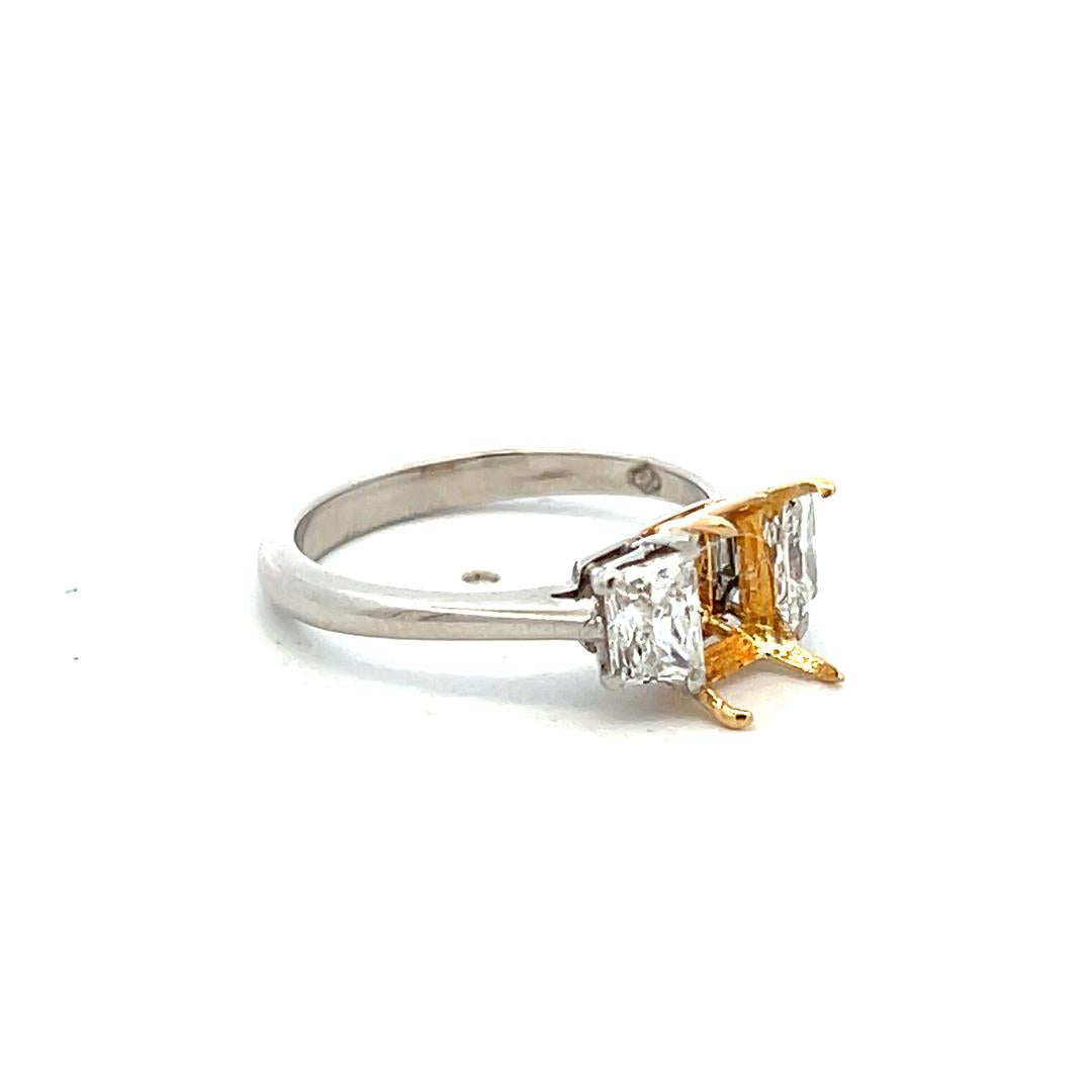 18K Two Tone Gold Semi Mount Ring with 0.77ct Trapezoid Diamonds Fits 5.6x7.6 MM