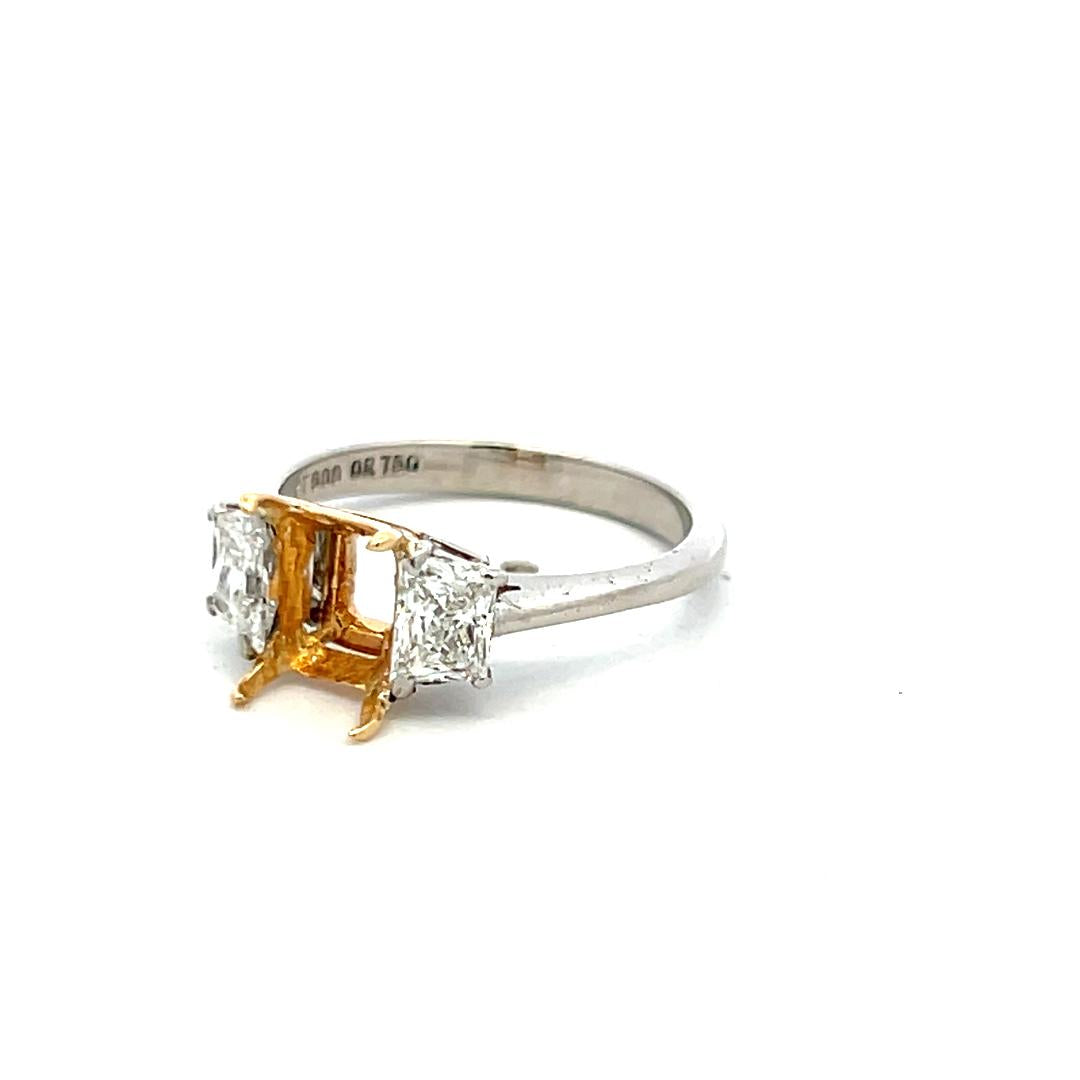 18K Two Tone Gold Semi Mount Ring with 0.77ct Trapezoid Diamonds Fits 5.6x7.6 MM