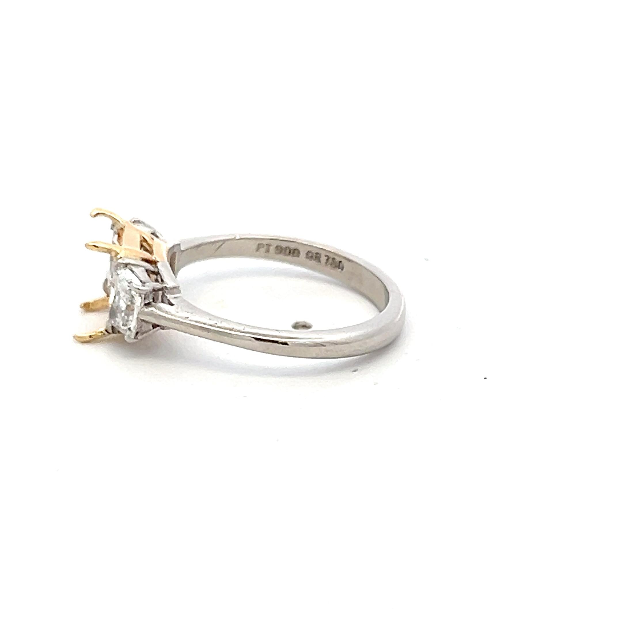 18K Two Tone Gold Semi Mount Ring with 0.77ct Trapezoid Diamonds Fits 5.6x7.6 MM