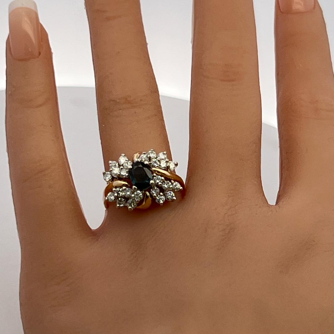 14K Two Tone Gold Cocktail Ring 0.84ct Round Diamonds & 0.75ct Sapphire Size 7.5