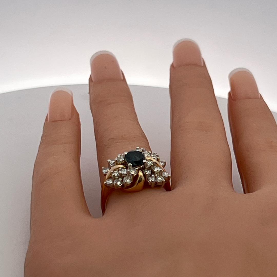 14K Two Tone Gold Cocktail Ring 0.84ct Round Diamonds & 0.75ct Sapphire Size 7.5