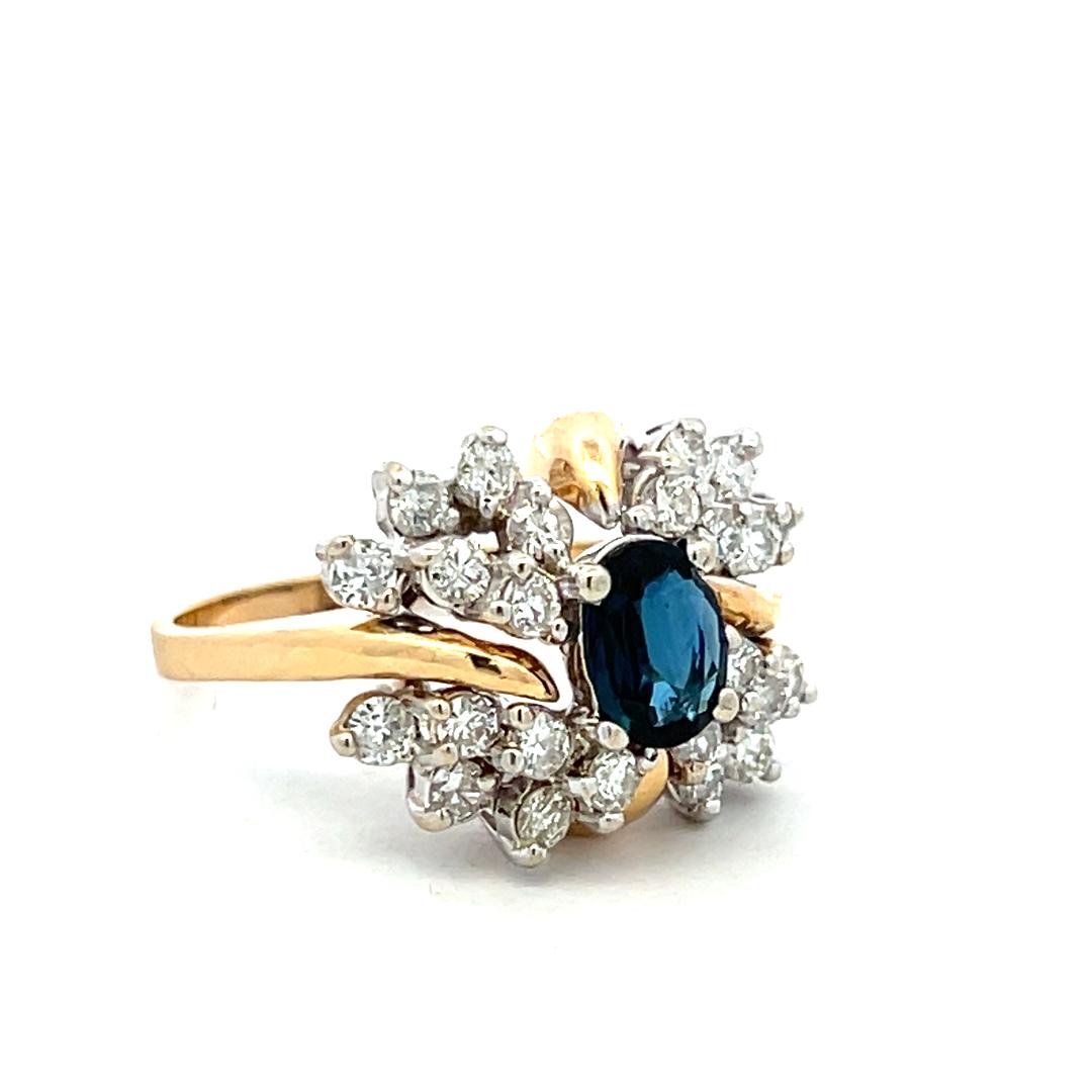 14K Two Tone Gold Cocktail Ring 0.84ct Round Diamonds & 0.75ct Sapphire Size 7.5