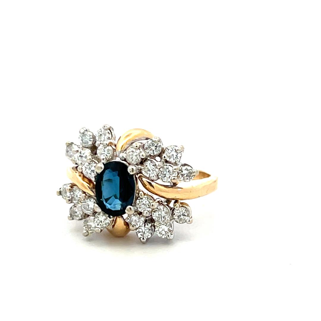 14K Two Tone Gold Cocktail Ring 0.84ct Round Diamonds & 0.75ct Sapphire Size 7.5