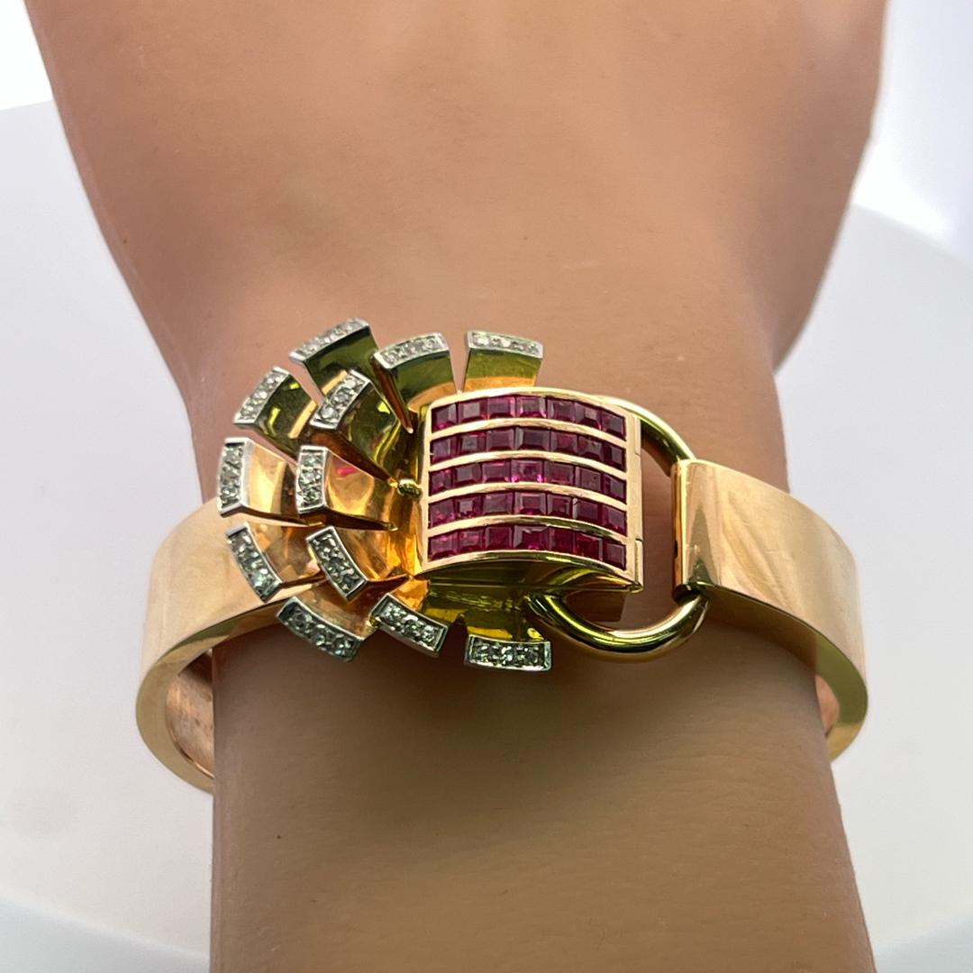 Vintage 14K Gold Bracelet Watch with 3.5 Carat Ruby and 1 Carat I-VS Diamond