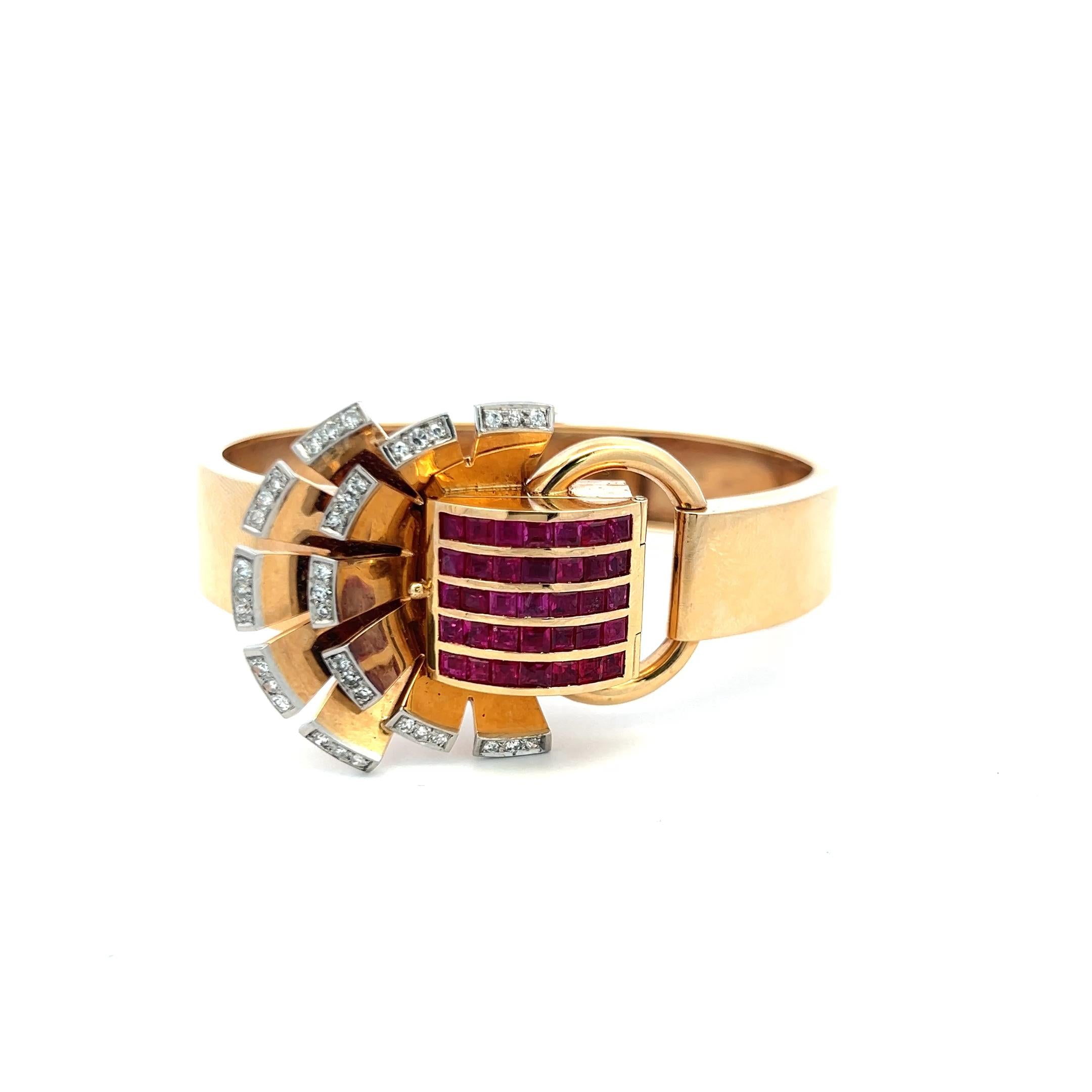 Vintage 14K Gold Bracelet Watch with 3.5 Carat Ruby and 1 Carat I-VS Diamond