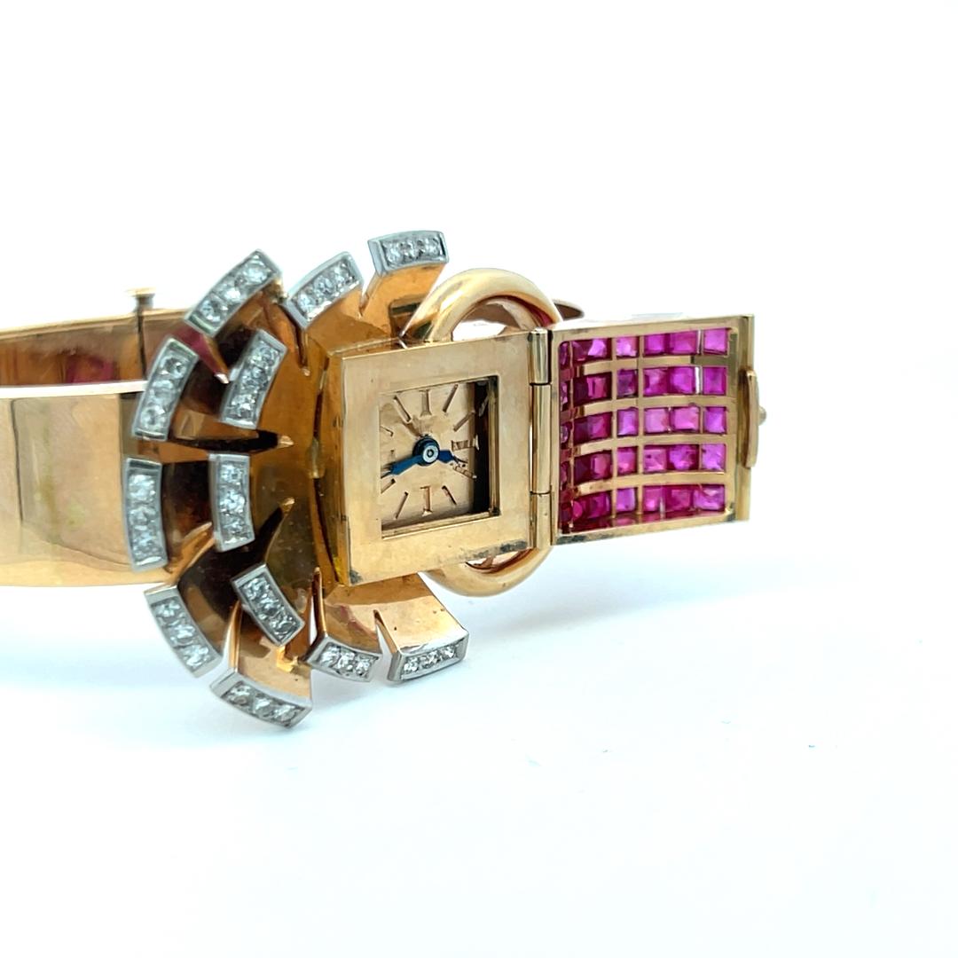 Vintage 14K Gold Bracelet Watch with 3.5 Carat Ruby and 1 Carat I-VS Diamond
