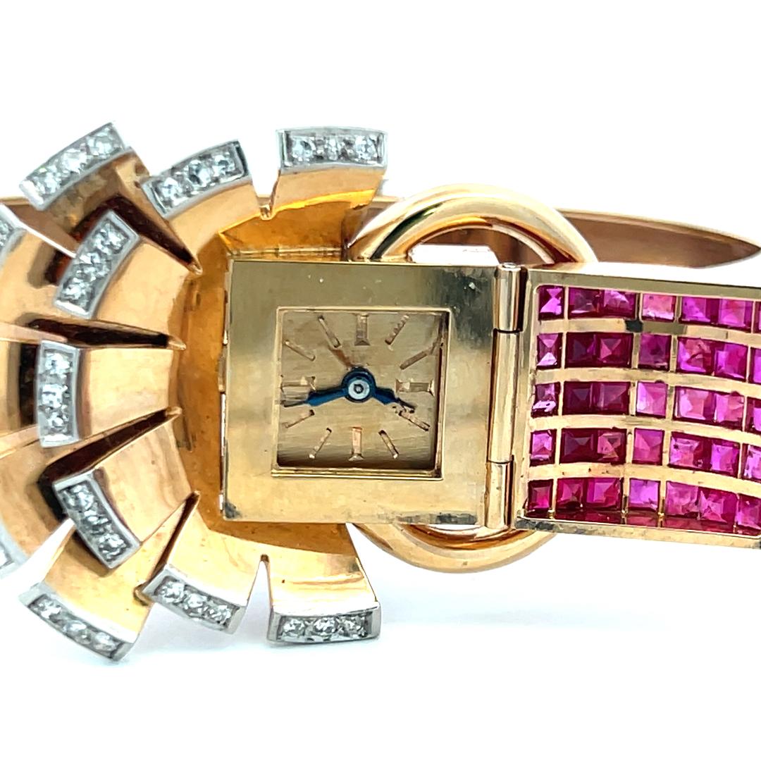Vintage 14K Gold Bracelet Watch with 3.5 Carat Ruby and 1 Carat I-VS Diamond