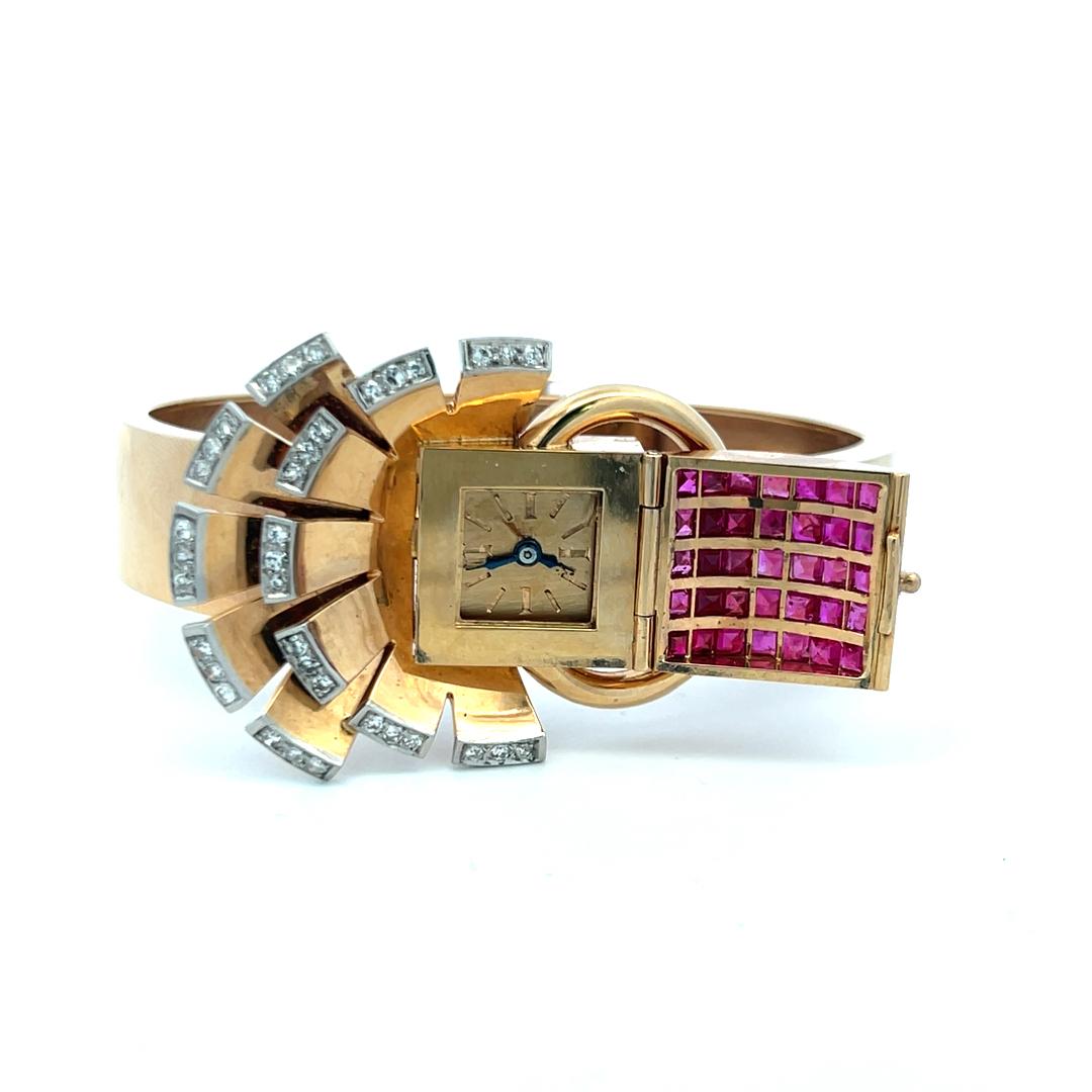 Vintage 14K Gold Bracelet Watch with 3.5 Carat Ruby and 1 Carat I-VS Diamond