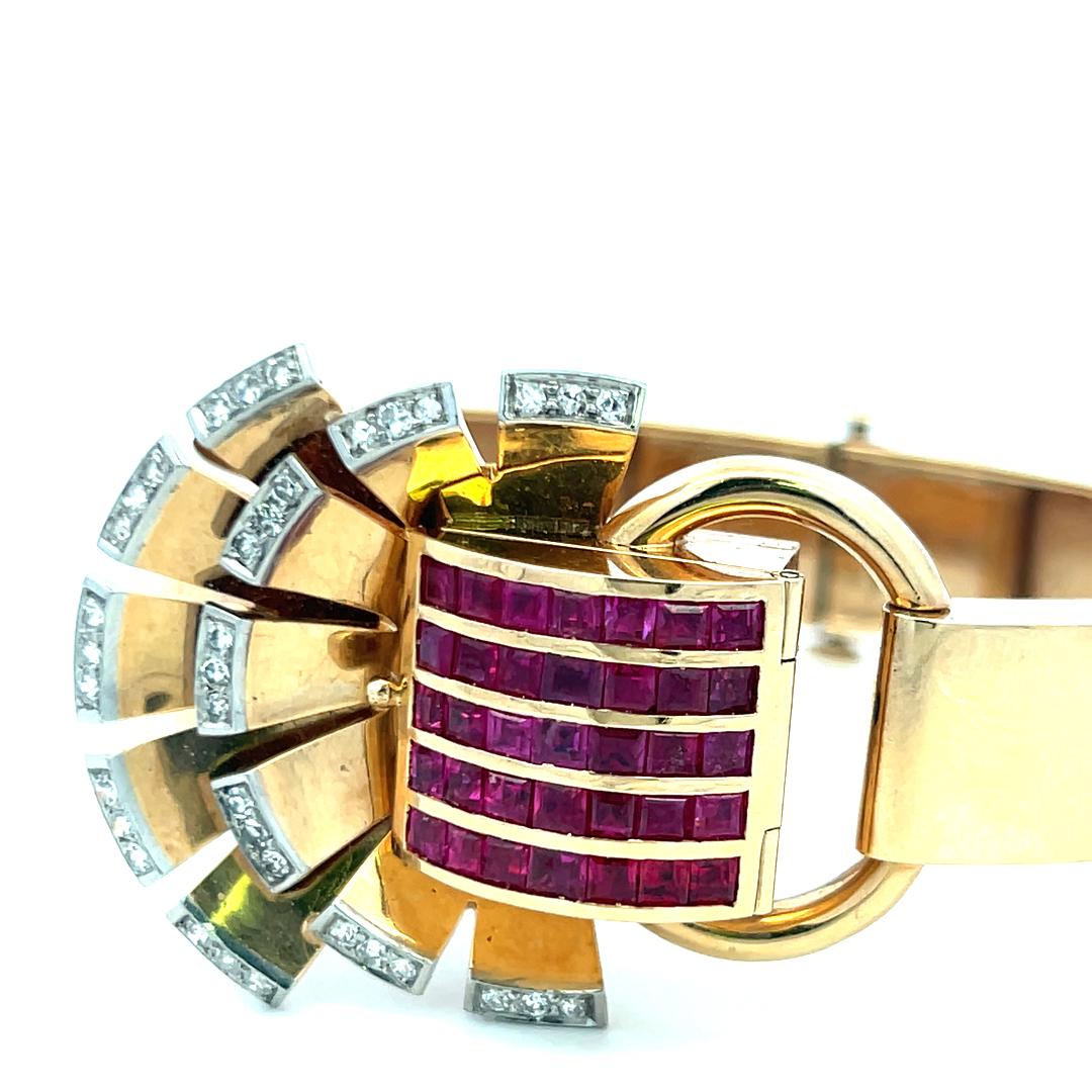 Vintage 14K Gold Bracelet Watch with 3.5 Carat Ruby and 1 Carat I-VS Diamond