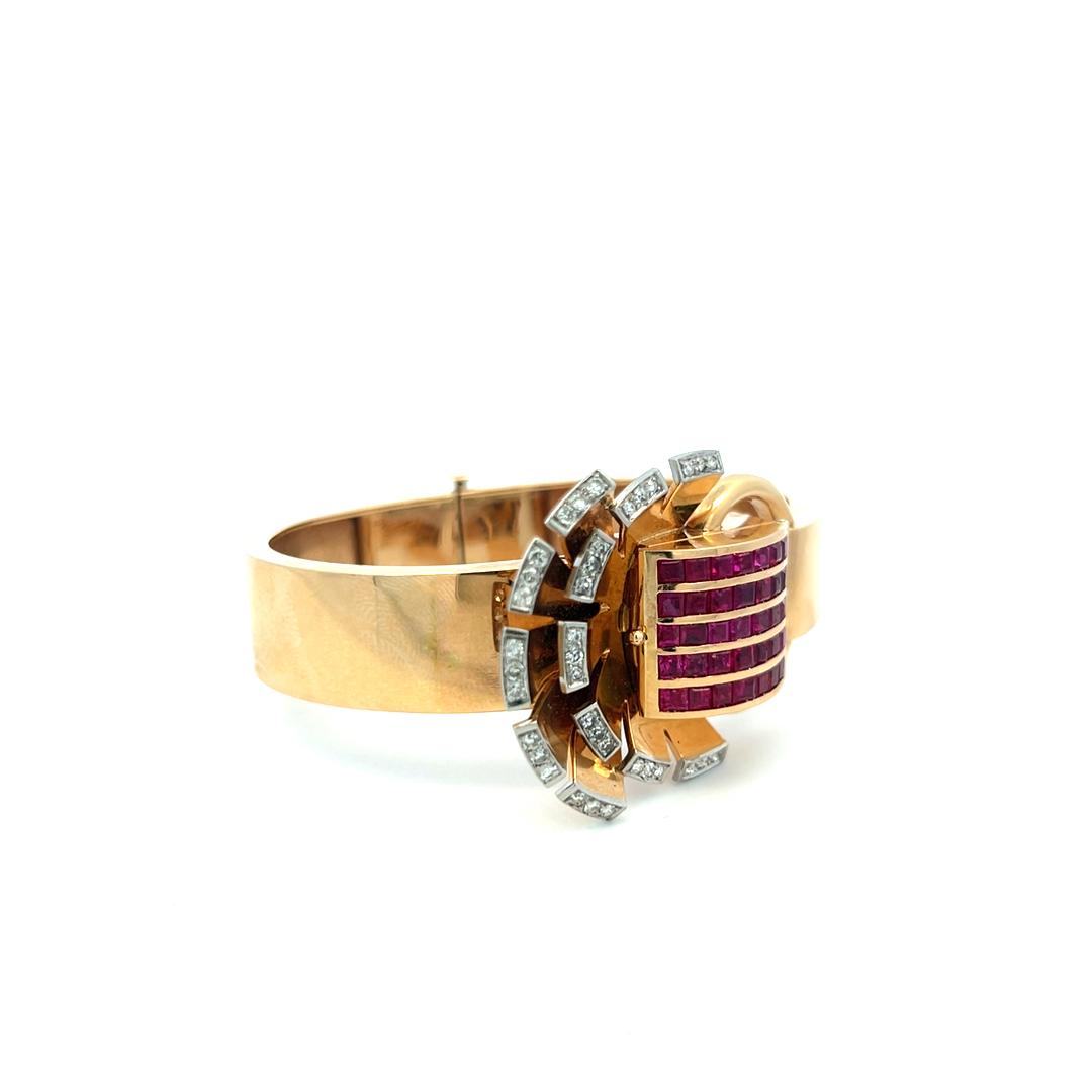 Vintage 14K Gold Bracelet Watch with 3.5 Carat Ruby and 1 Carat I-VS Diamond