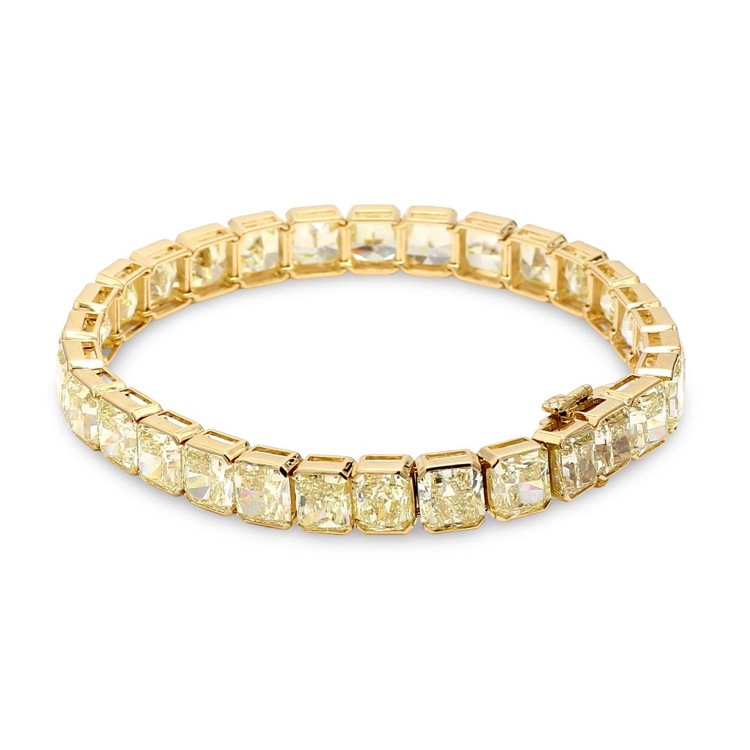 18K YG Tennis Bracelet with 43.35 Carat Radiant Cut Diamonds Fancy-lit GIA
