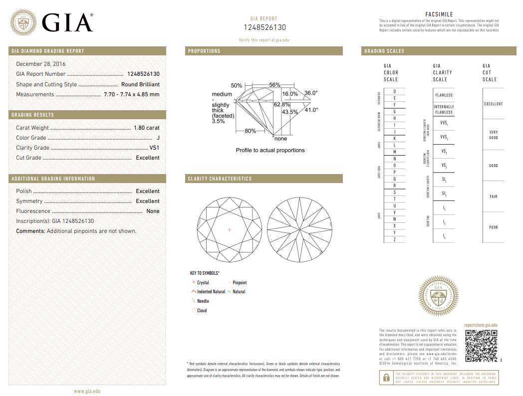 Loose Natural 1.8 Carat Round Brilliant Diamond GIA Certified J-VS1