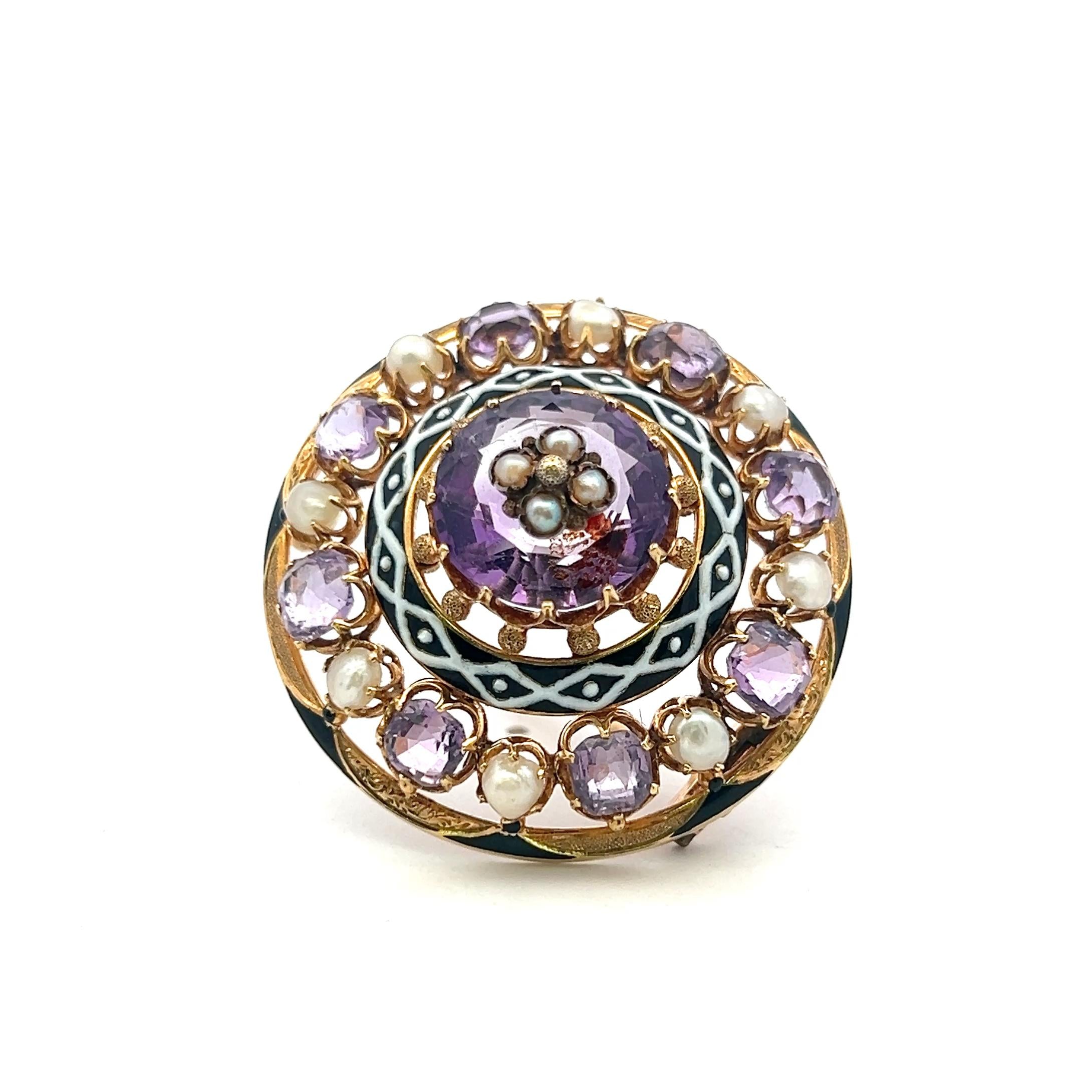 Vintage 18 Karat Yellow Gold Pin Brooch with Pearls and Amethyst