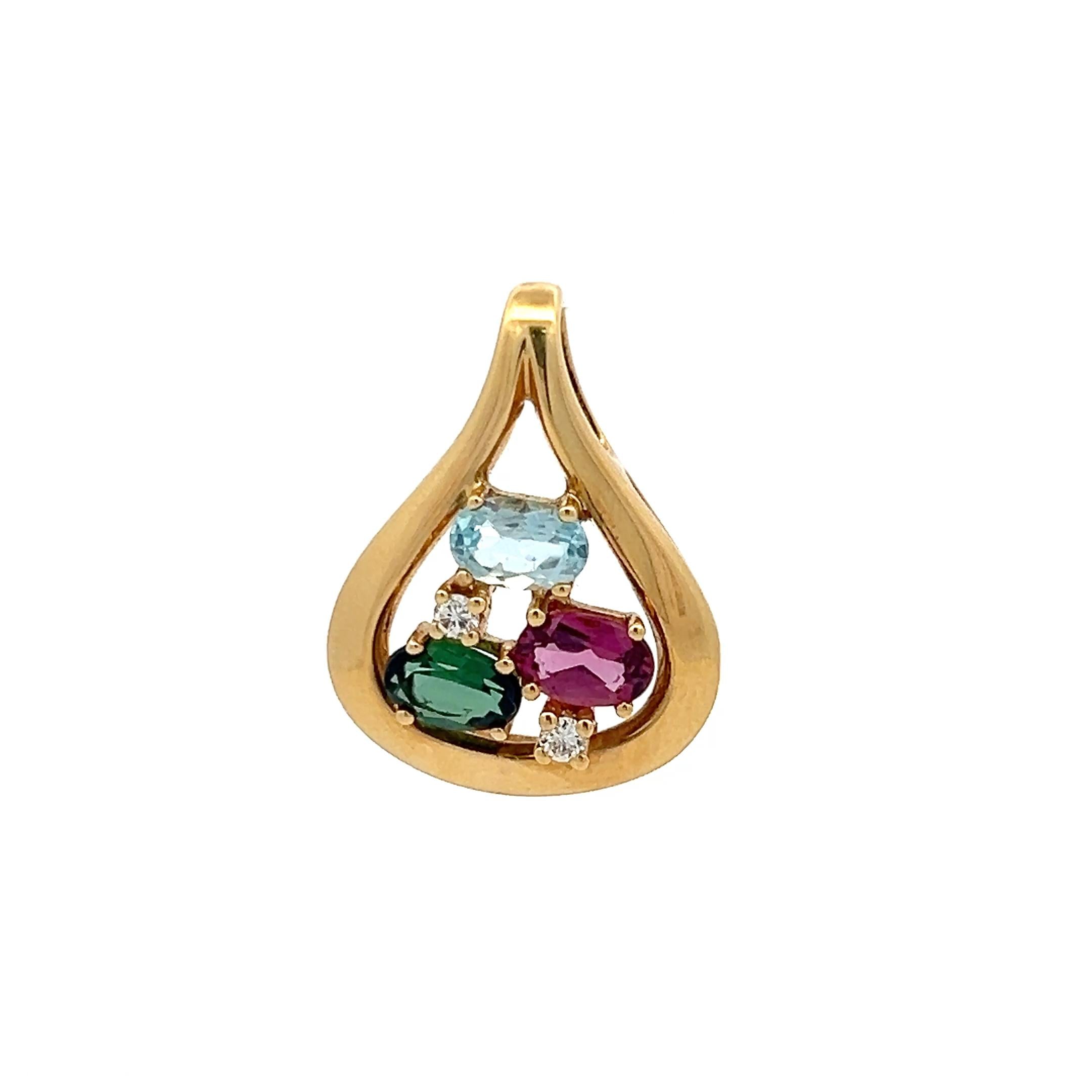 Vintage 18K Yellow Gold Pendant with 0.06ct Round Diamonds & Multi Gemstones