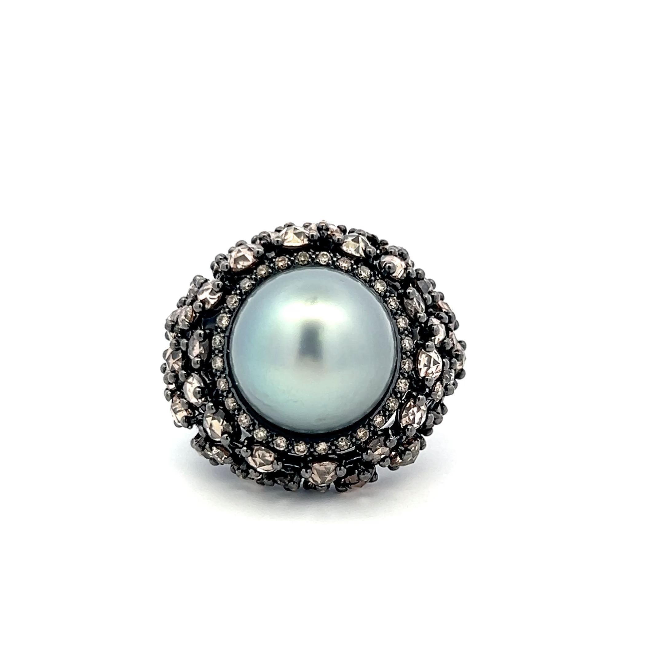 18K White Gold Cocktail Ring with 6.72ct Old Miner Cut Diamonds & 13.8mm Pearl