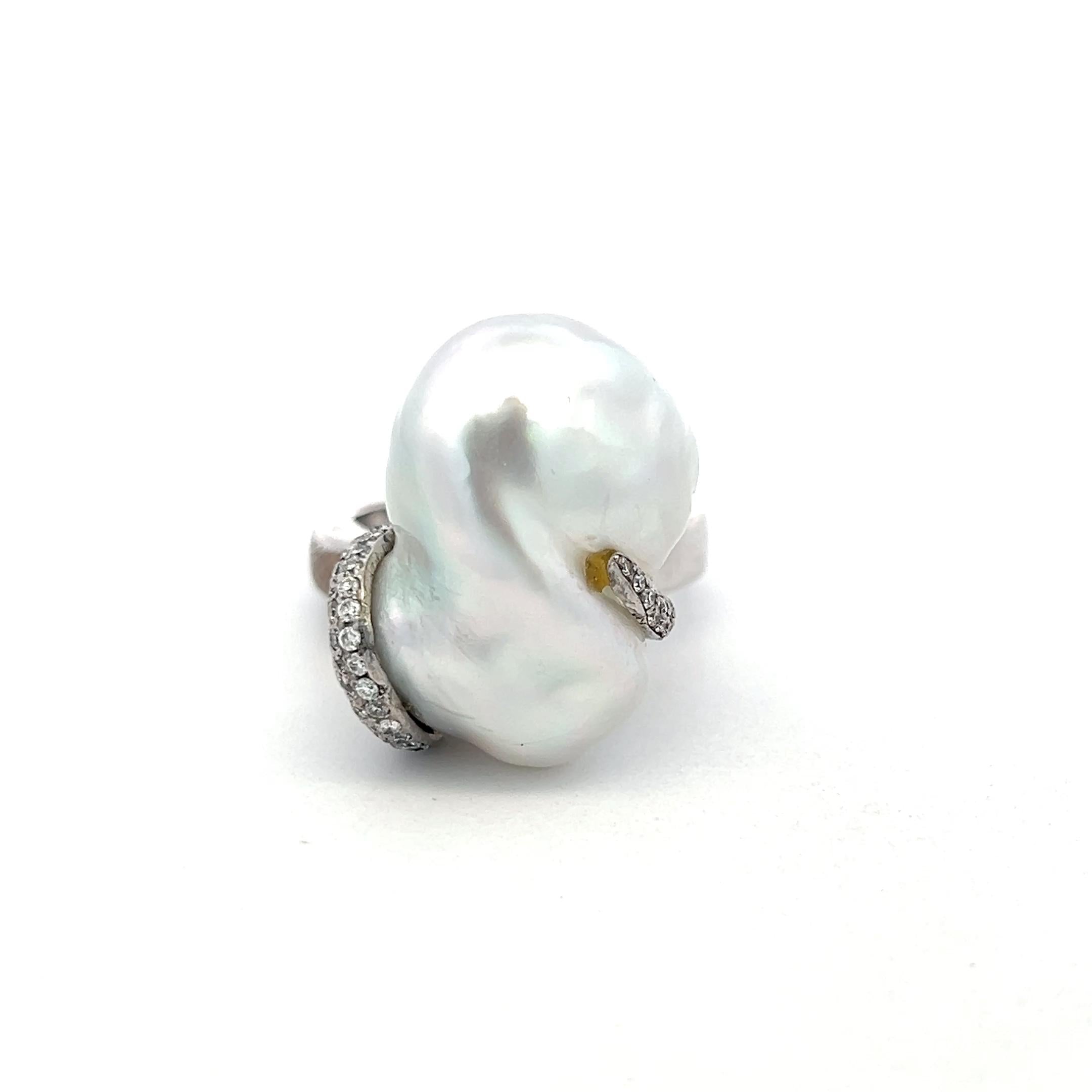 18K White Gold Cocktail Ring with 1.12ct Round I SI Diamonds and Pearl Size 8
