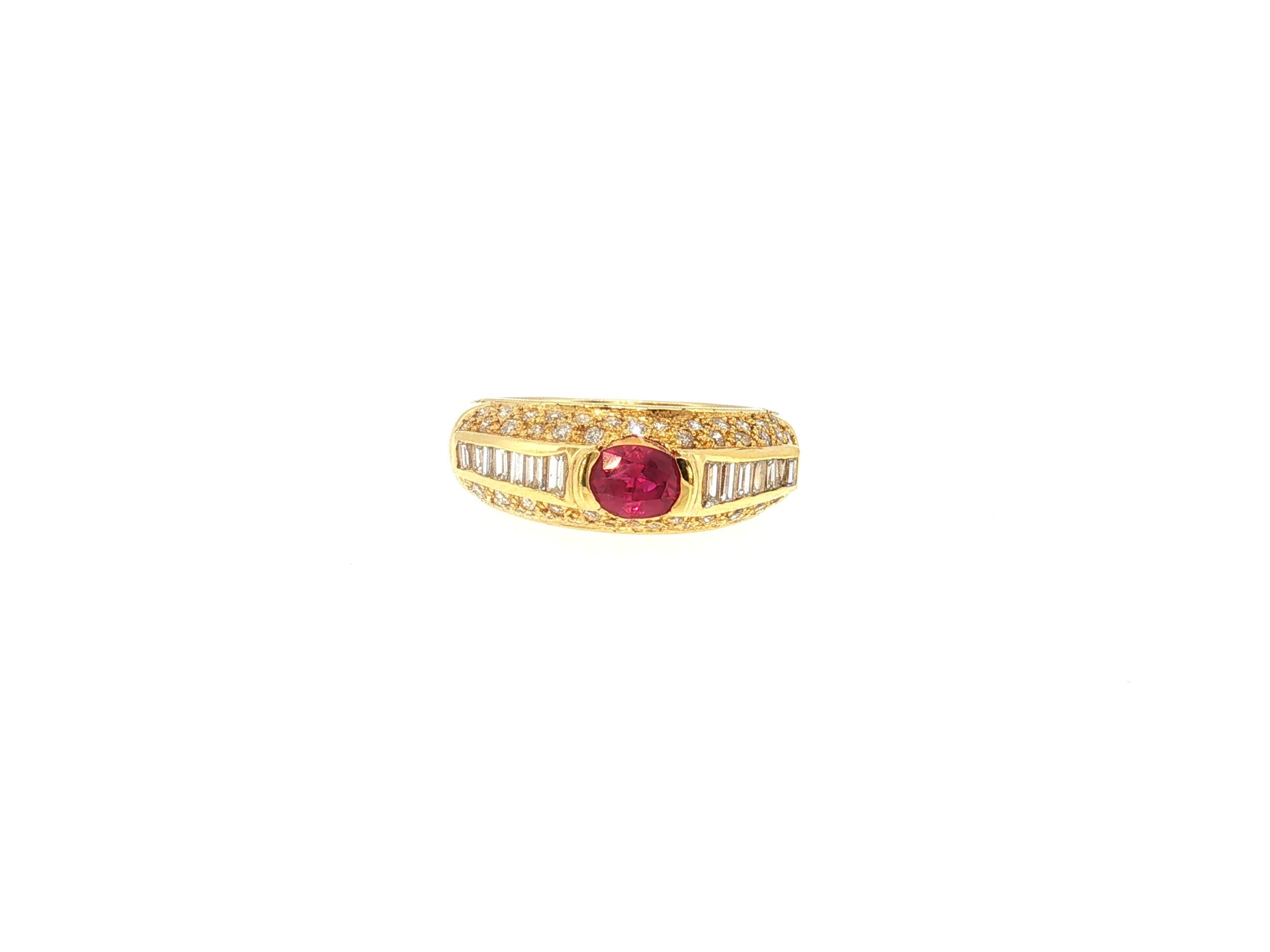 18K Yellow Gold Cocktail Ring 1.5ct Round & Baguette Diamonds 0.66ct Ruby Size 7
